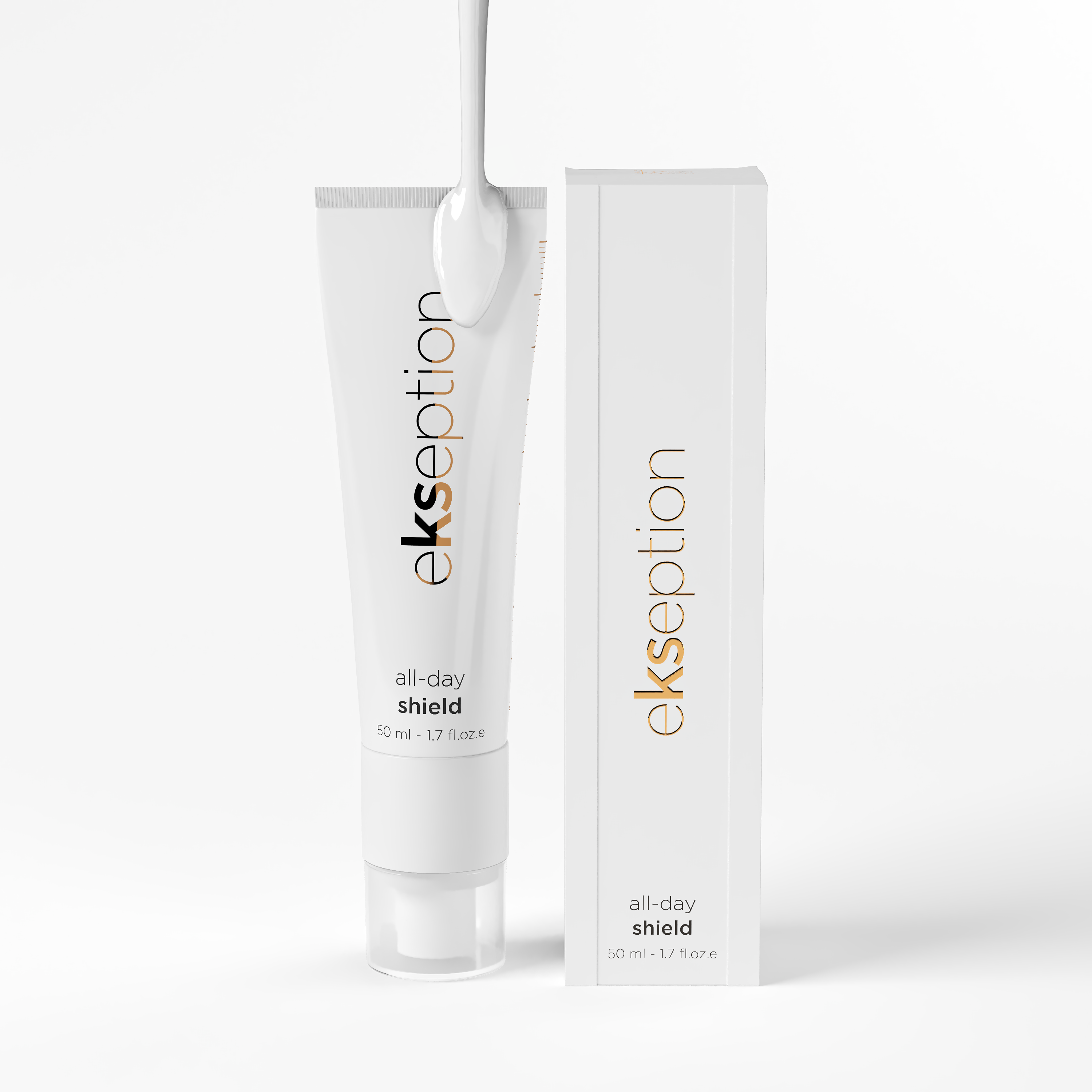 Ekseption All Day Shield SPF50+ 50 ml sunblock with a smooth texture, shown with its packaging. Enriched with Vitamin E for sensitive skin and post-procedure care.