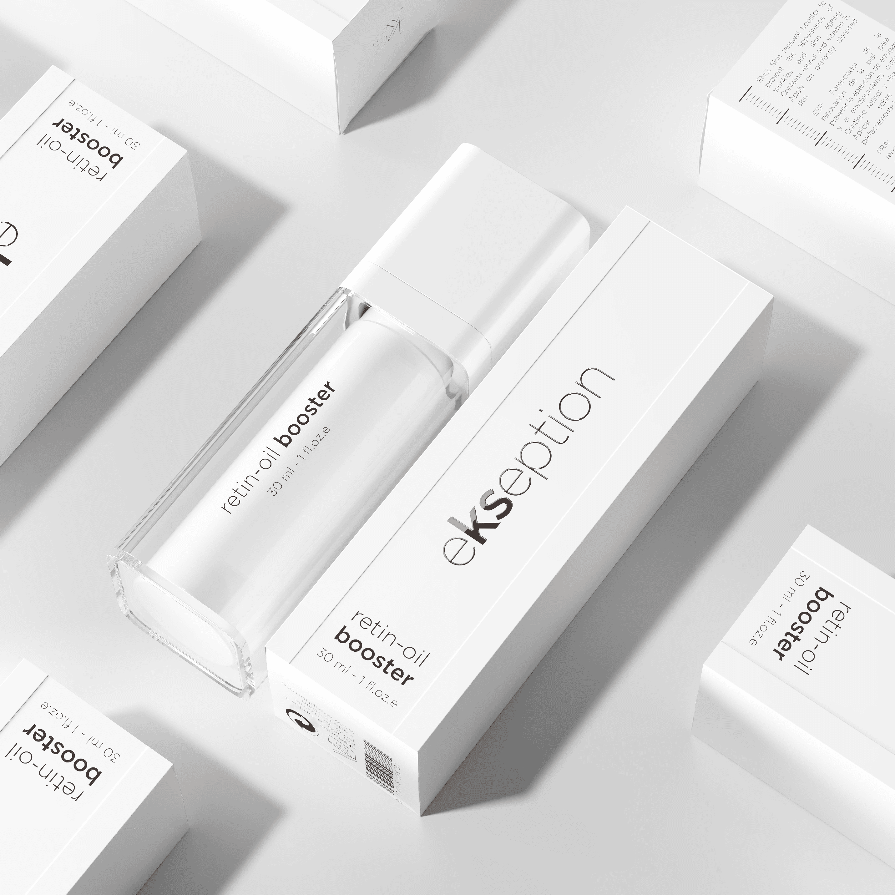 Ekseption Retin Oil Booster Serum elegantly displayed with packaging. Anti-aging retinol serum smooths fine lines, enhances skin texture, and hydrates.