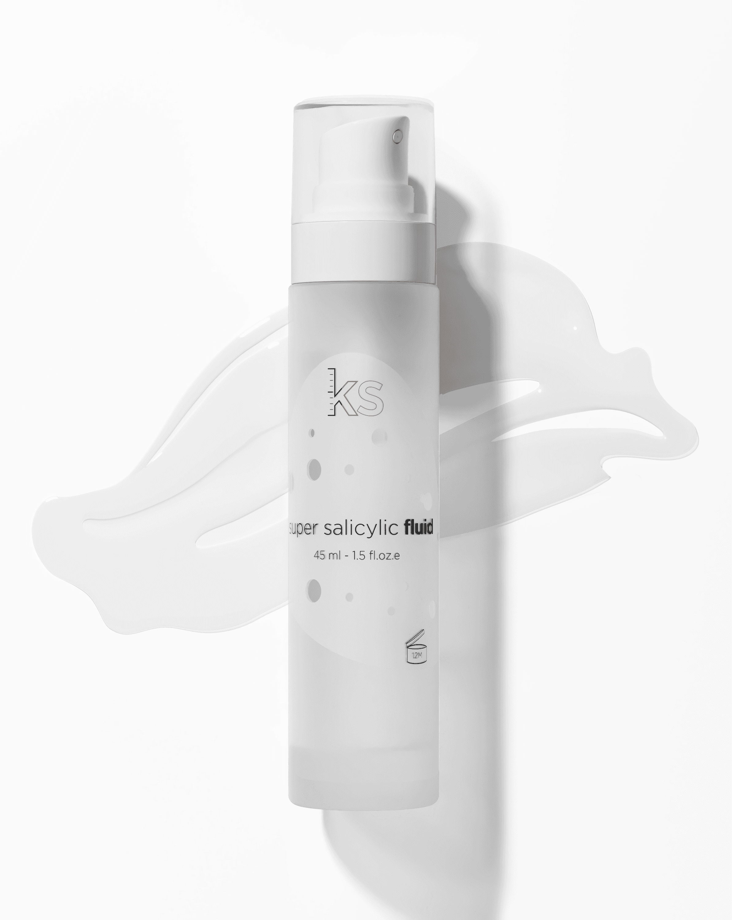 Ekseption Super Salicylic Fluid 45ml on a white background with serum texture. Hydrates, reduces redness, and refines skin texture for acne-prone skin.