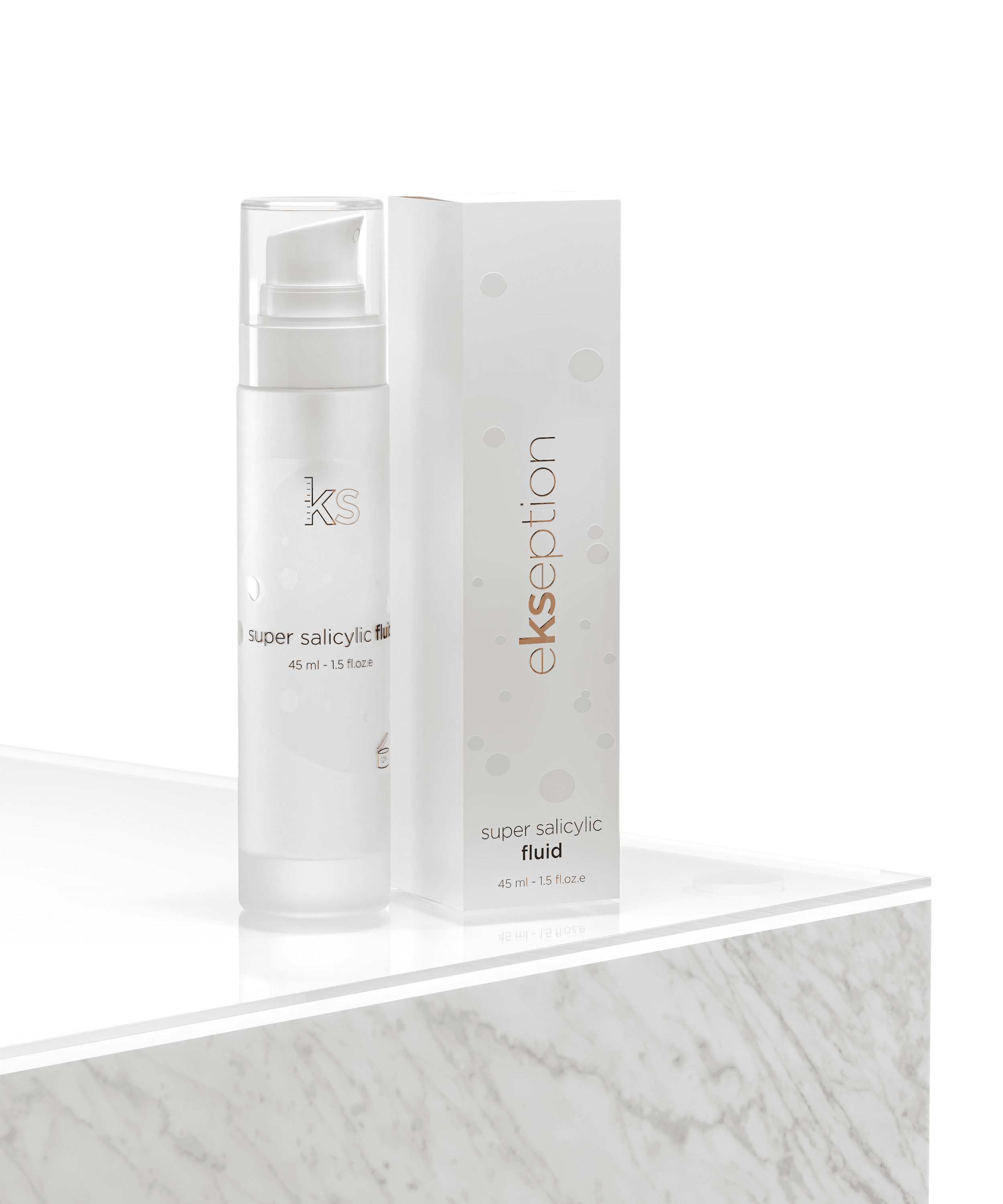 Ekseption Super Salicylic Fluid 45ml displayed on a marble surface with packaging. A gentle exfoliating treatment for oily, sensitive, and acne-prone skin.