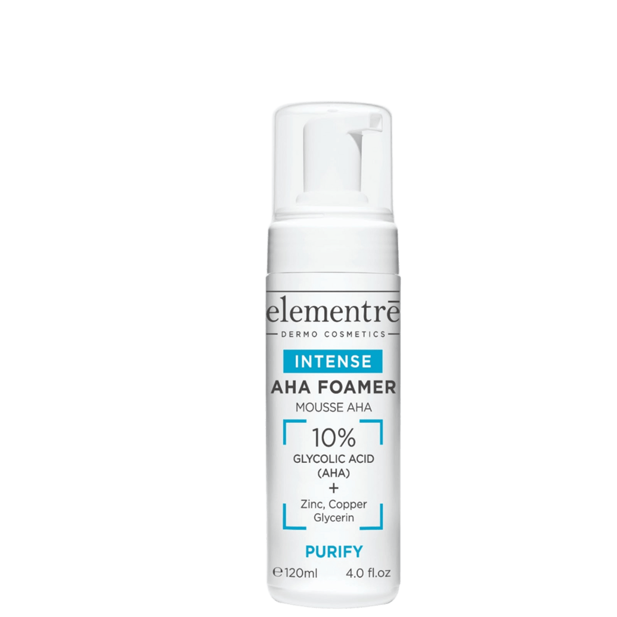 Elementre Purify Intense AHA Foamer facial cleanser in white bottle with pump dispenser, contains 10% glycolic acid for oily skin, 120ml