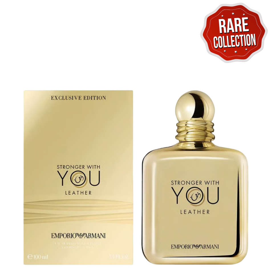 Armani Stronger With You Leather EDP 100 ml exclusive edition in gold bottle and box, a rare masculine scent in luxury perfume packaging.