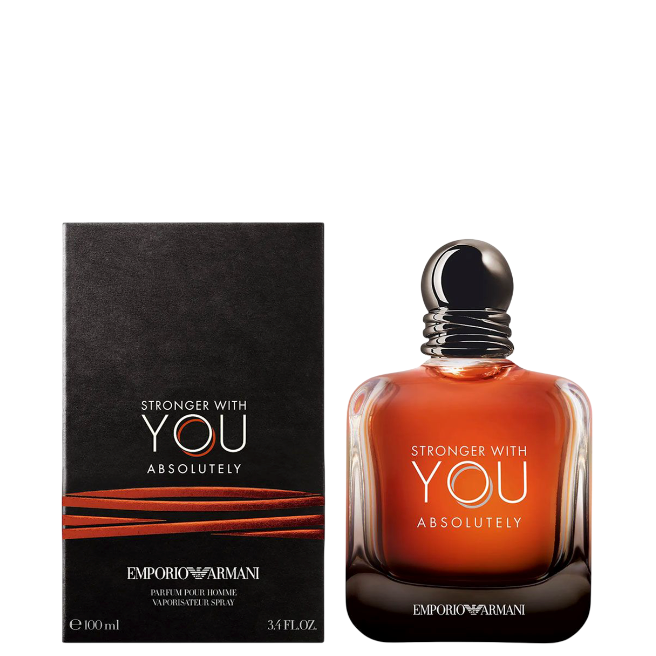 Emporio Armani Parfum - Stronger With You Absolutely 100 ml bottle and box, a men's fragrance with notes of rum and bergamot.