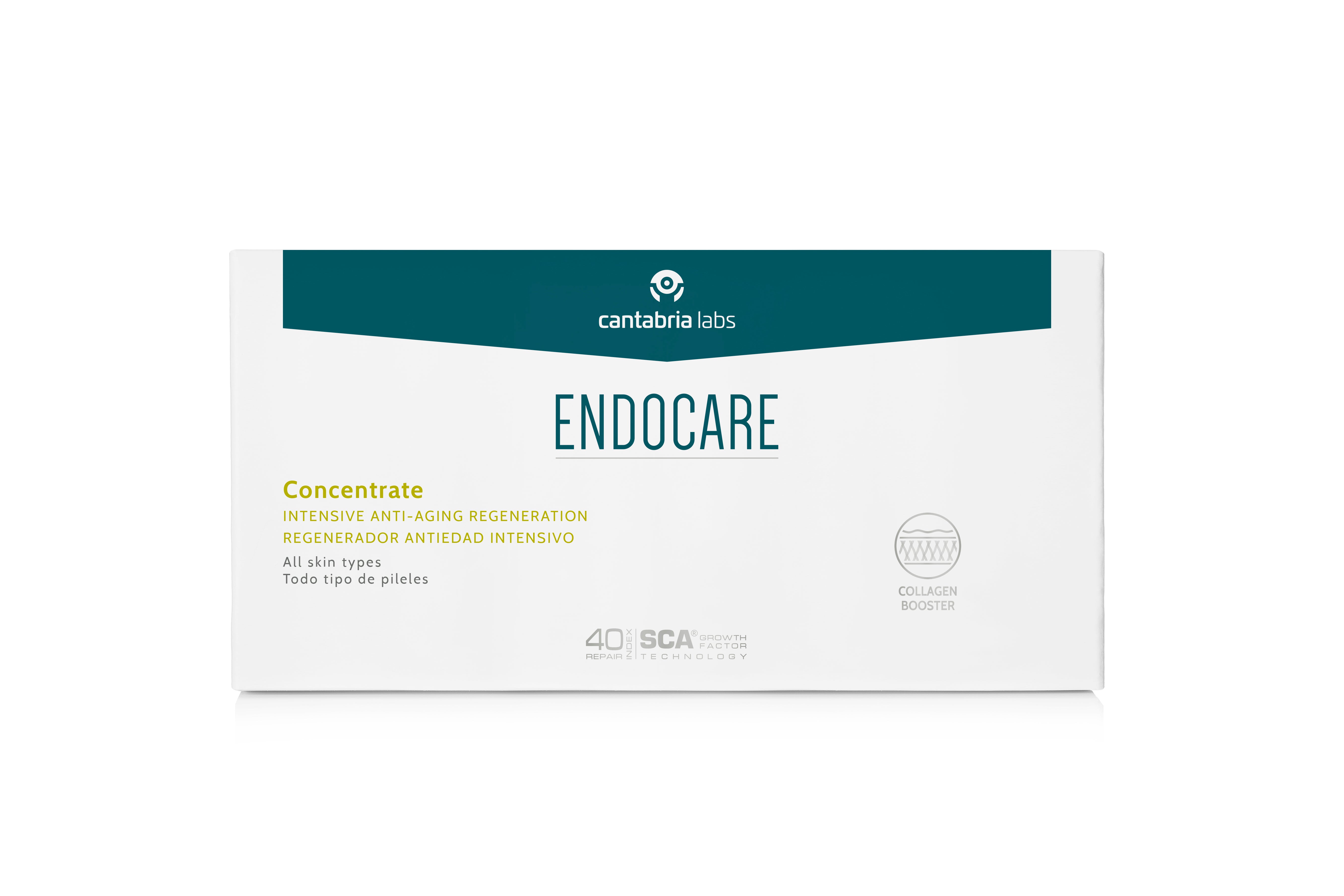 Front view of Endocare Concentrate Intensive Anti-Aging Serum packaging highlighting collagen booster and suitability for all skin types.