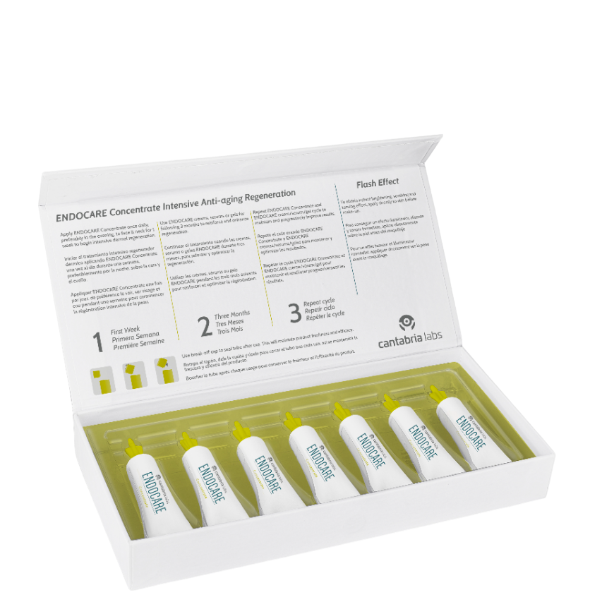 Open box of Endocare Concentrate Intensive Anti-Aging Serum 7x1ml showing detailed usage instructions and seven individual ampoules for skin regeneration.