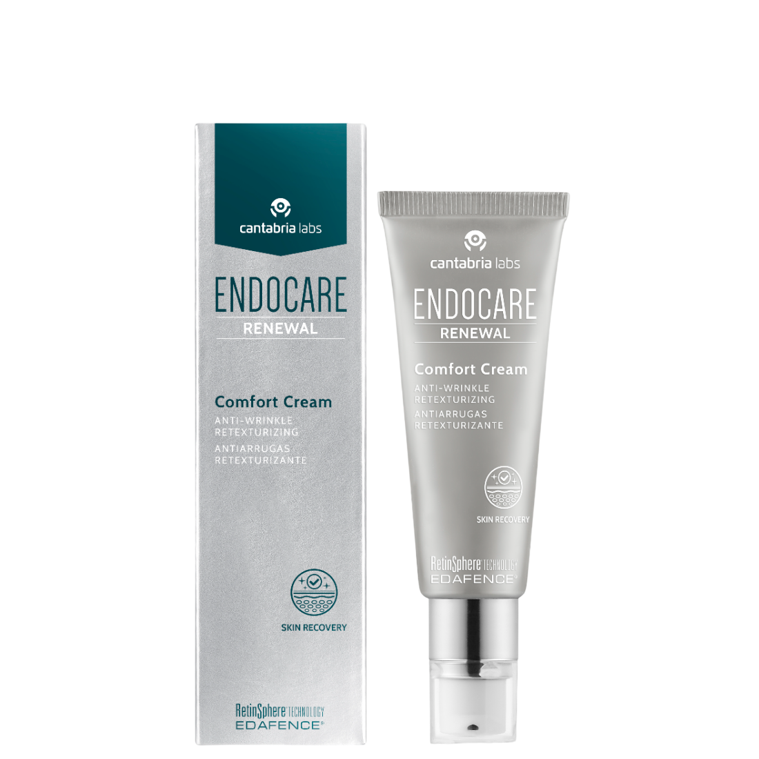 Endocare Renewal Comfort Cream 50 ml with RetinSphere® Technology, soothing facial moisturizer for sensitive and irritated skin, shown with packaging.