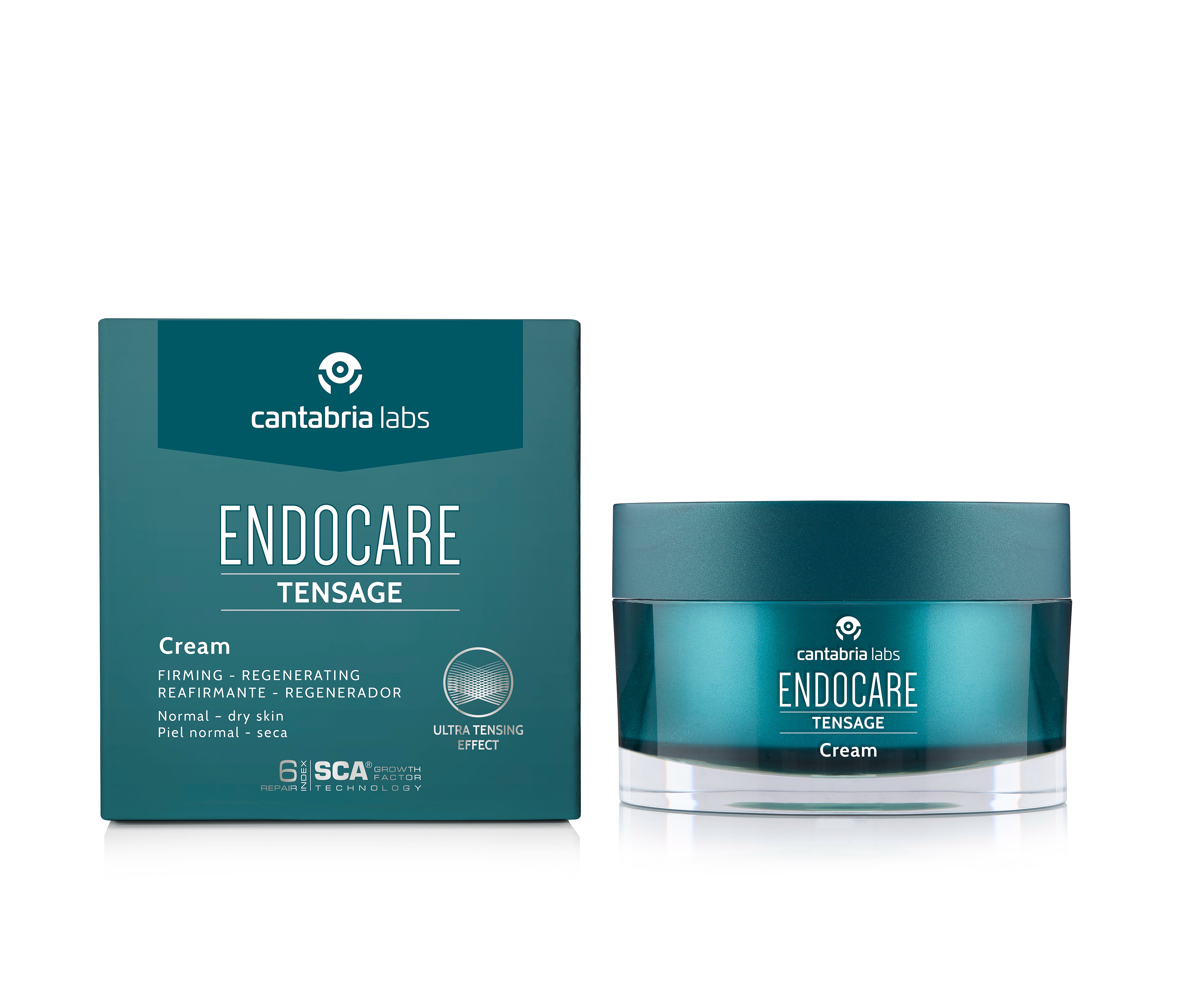 Endocare Tensage Firming Cream with packaging, 30 ml anti-aging serum for firm, hydrated skin. Suitable for dry, normal, and sensitive skin types.