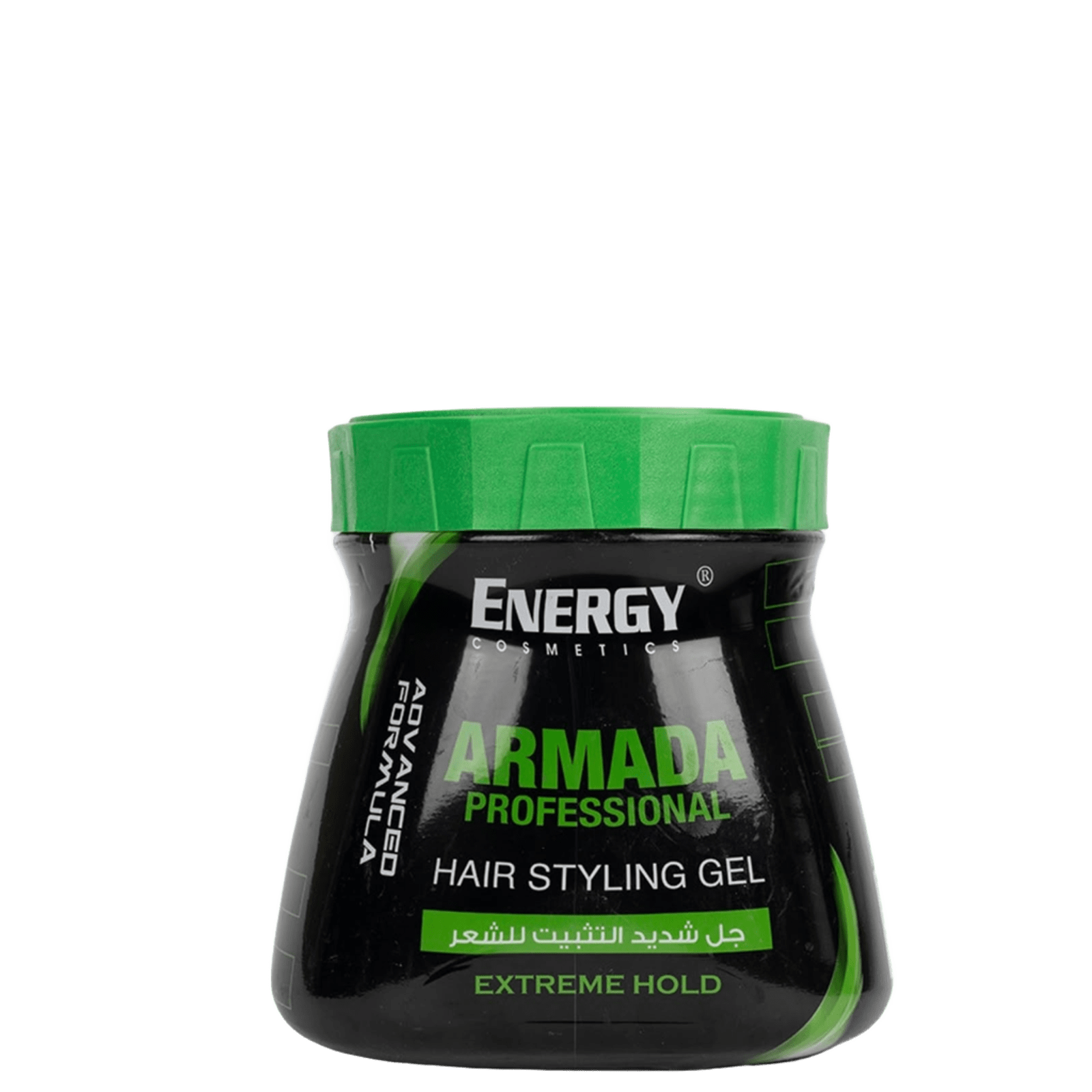 Black container of Energy Armada Professional Hair Styling Gel with green lid, featuring bold green and white text, for extreme hold hairstyles