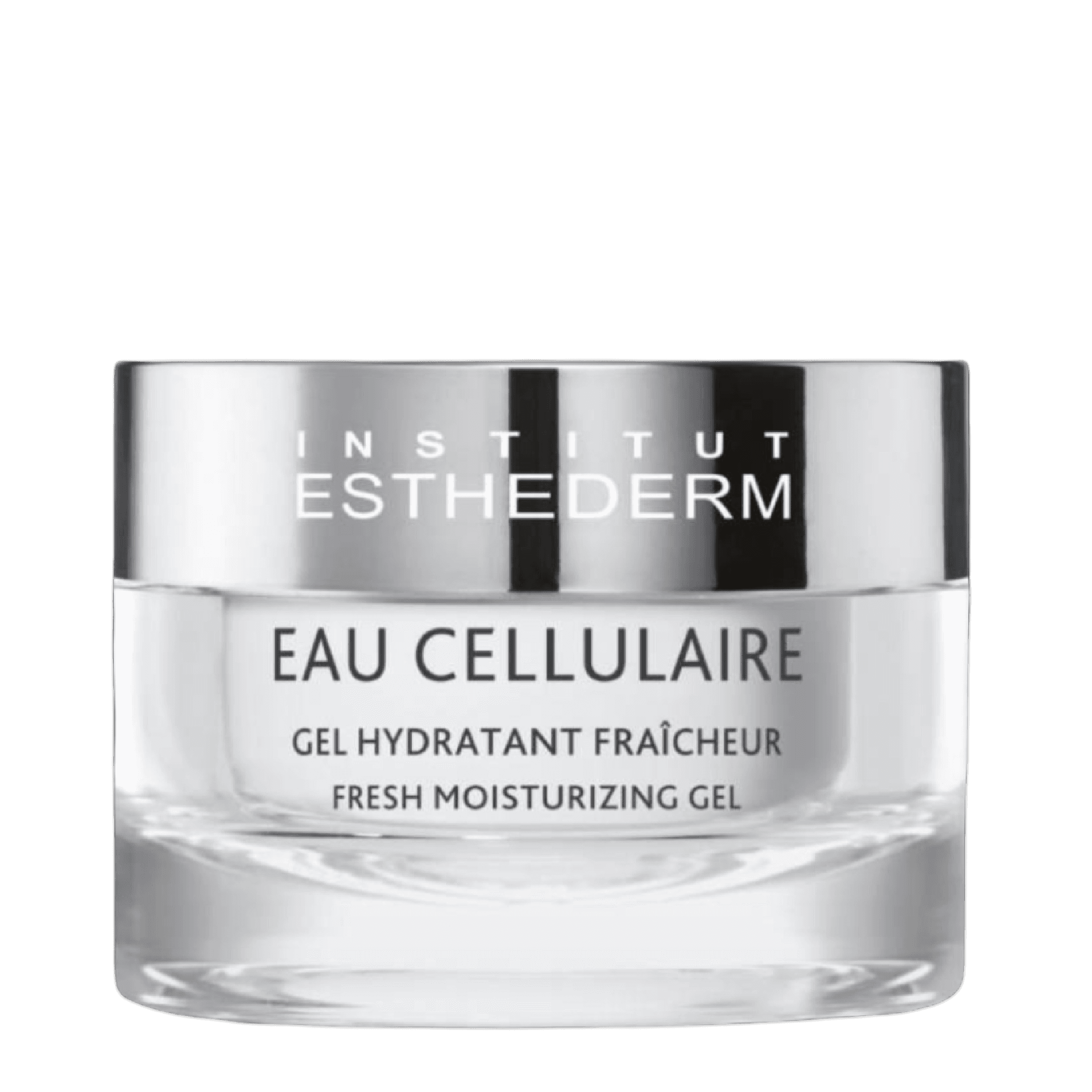 Esthederm Eau Cellulaire Moisturizing Gel 50 ml in a sleek transparent jar with a silver lid. A lightweight hydrating gel designed to boost skin moisture and elasticity.