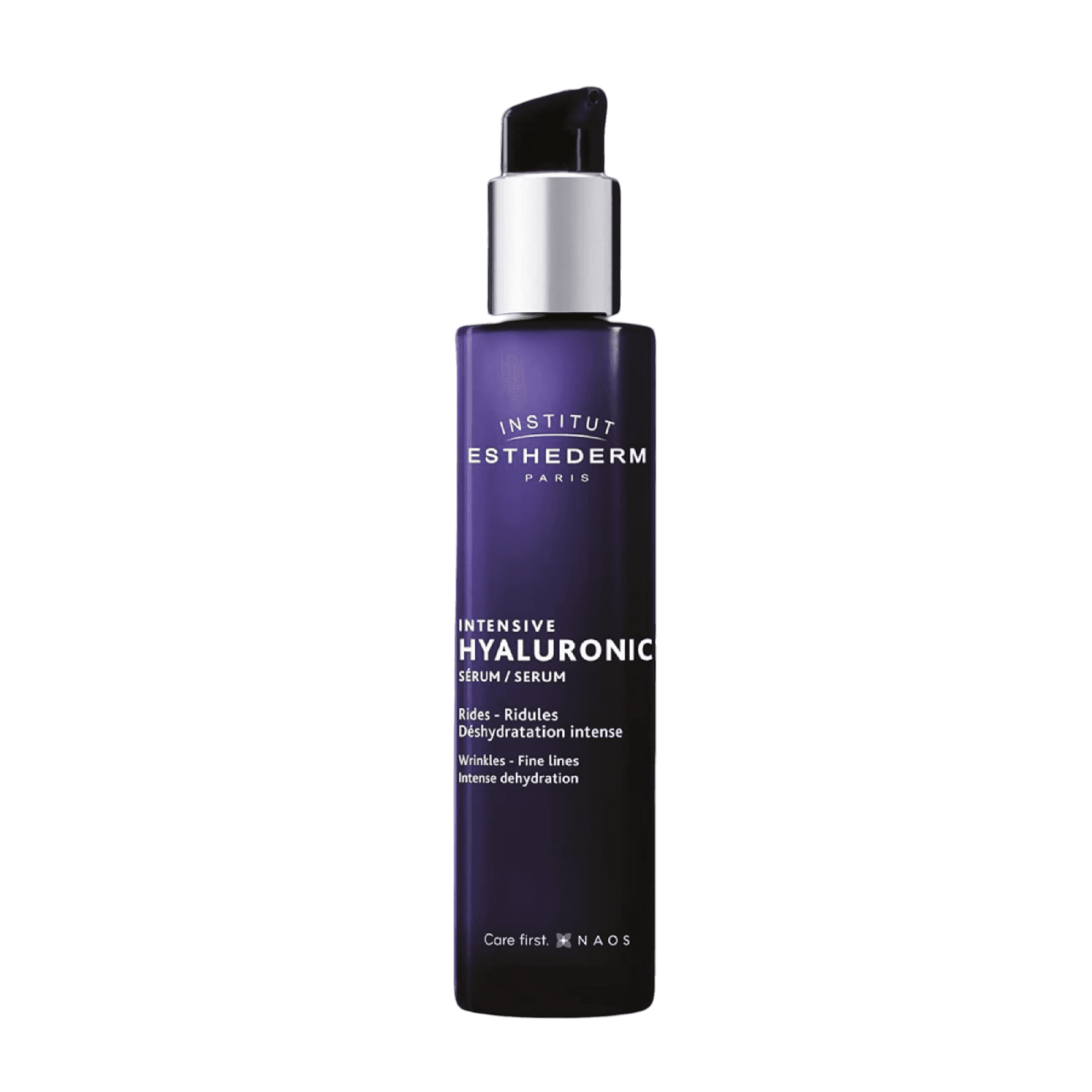 Esthederm Intensive Hyaluronic Serum 30 ml in a sleek dark blue bottle with a pump dispenser, designed to deeply hydrate, plump, and smooth fine lines.