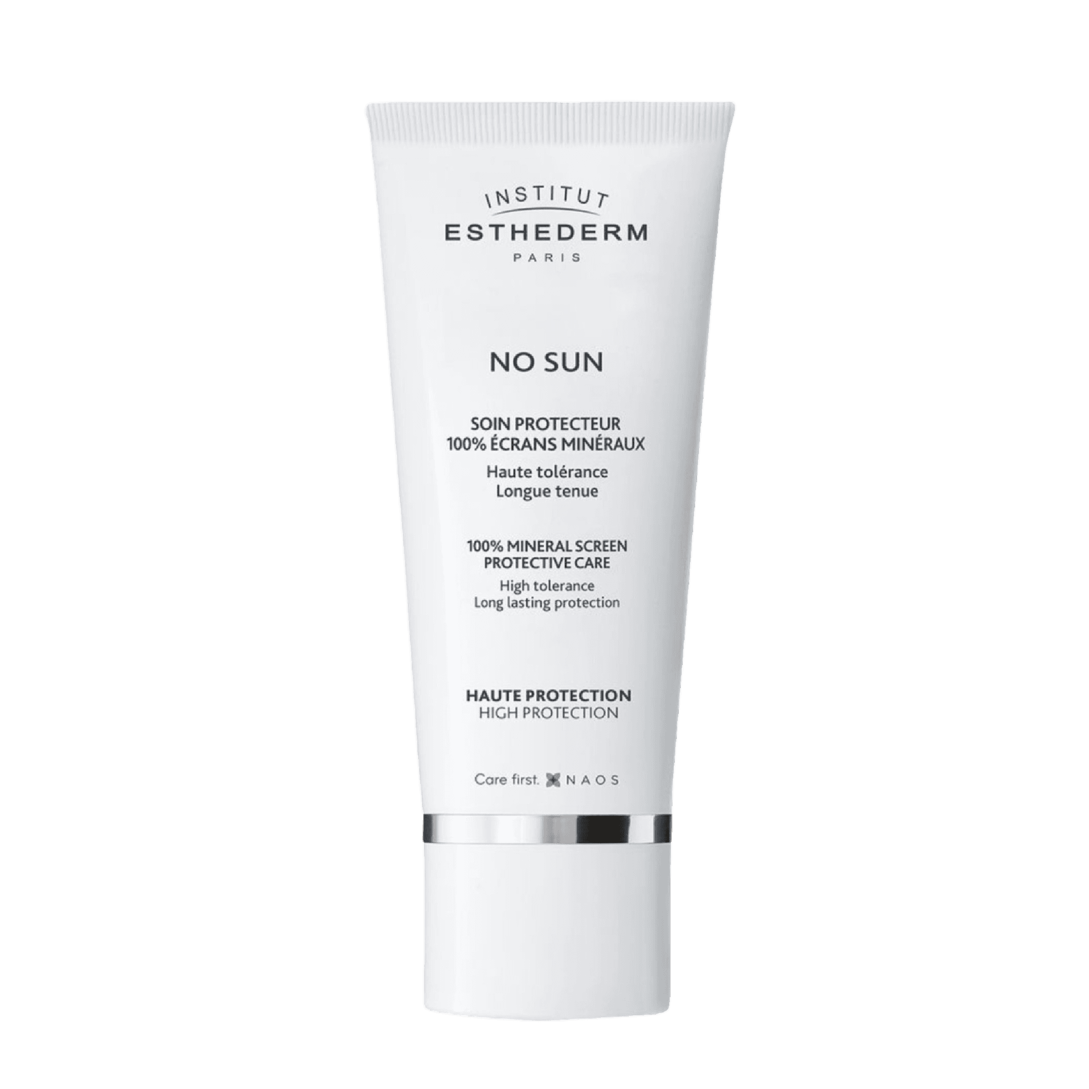 Esthederm No Sun Cream SPF100 50 ml offers high-protection sunblock with 100% mineral screen for sensitive skin. Ideal for post-procedure care and sun intolerance.