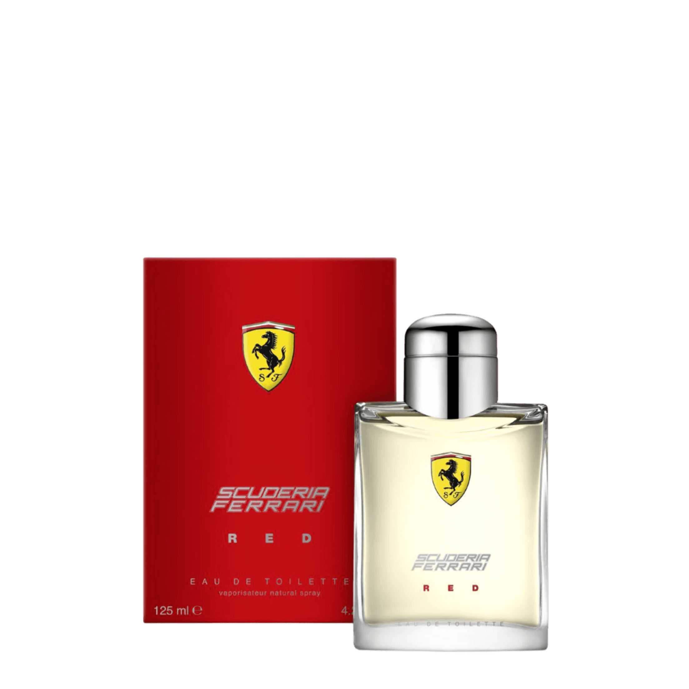 Ferrari Scuderia Red Eau de Toilette 125 ml, a bold and invigorating men's fragrance with fresh citrus and woody notes. Presented in a sleek glass bottle with Ferrari branding.
