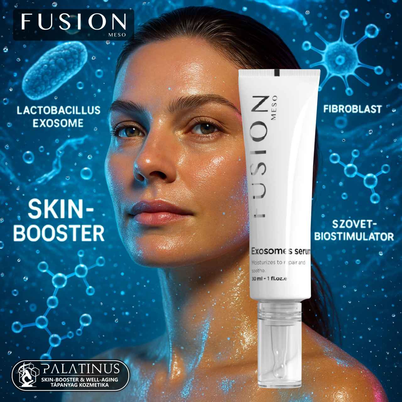 Fusion Meso Exosomes Serum featured with glowing skin and scientific elements, highlighting its skin-boosting and anti-aging benefits.