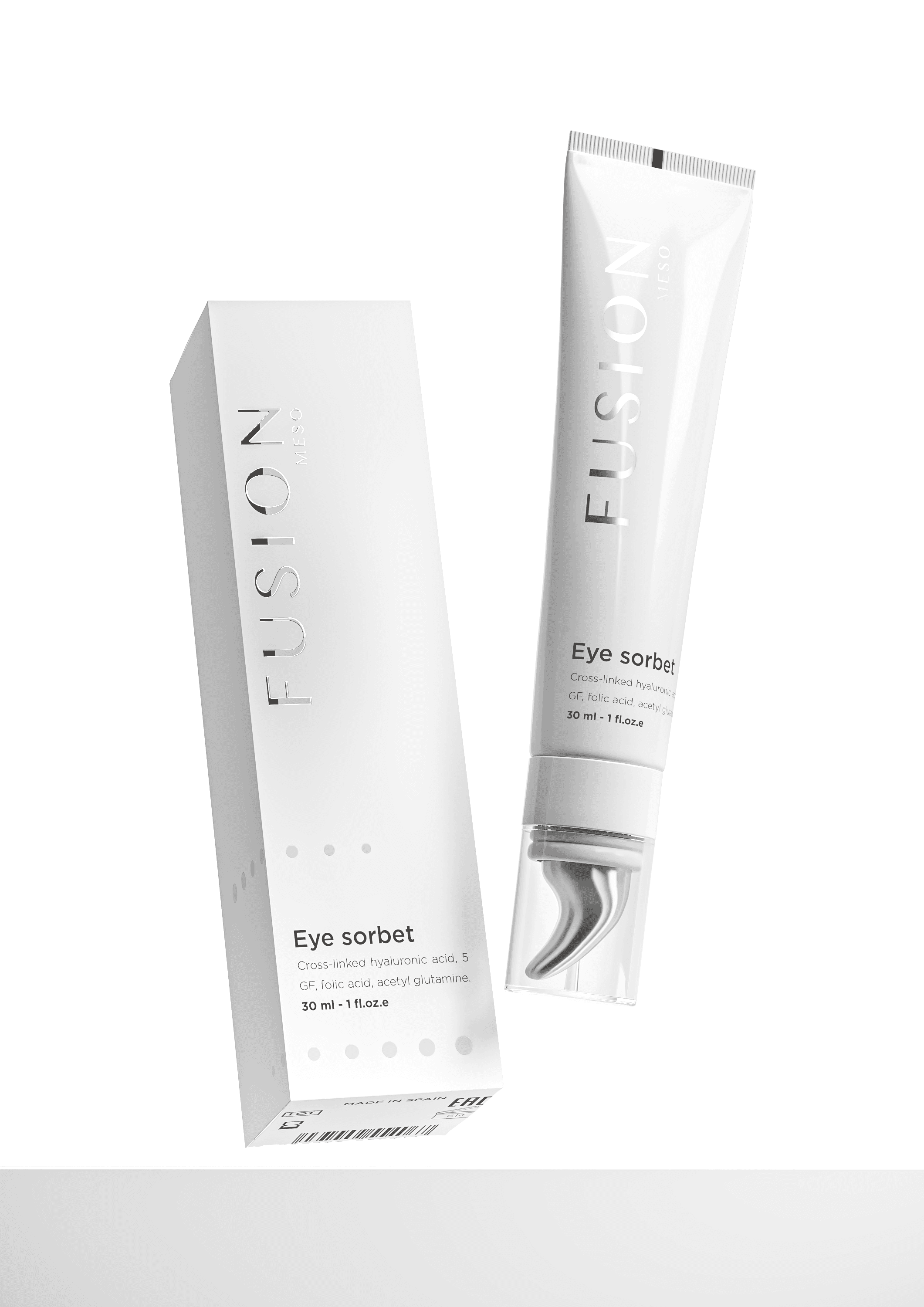 Fusion Meso Eye Sorbet instant eye cream in sleek white packaging. Reduces wrinkles, dark circles, and puffiness with dermal filler-grade hydration.