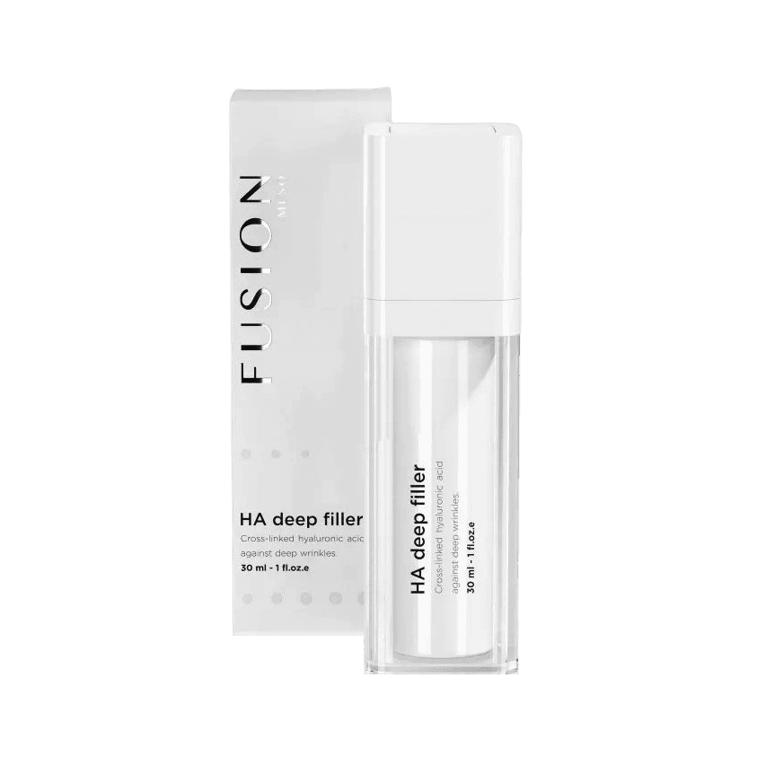 Fusion Meso HA Deep Filler Serum with hyaluronic acid for deep hydration and wrinkle reduction. Ideal for all skin types, enhancing radiance and skin barrier.