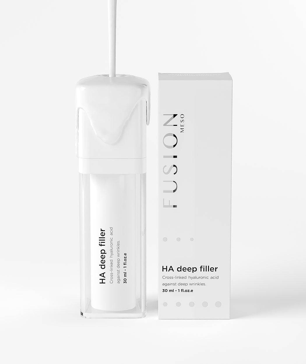 Fusion Meso HA Deep Filler Serum 30 ml, a hyaluronic acid formula for intense hydration and fine line reduction. Perfect for post-procedure skincare and sensitive skin.