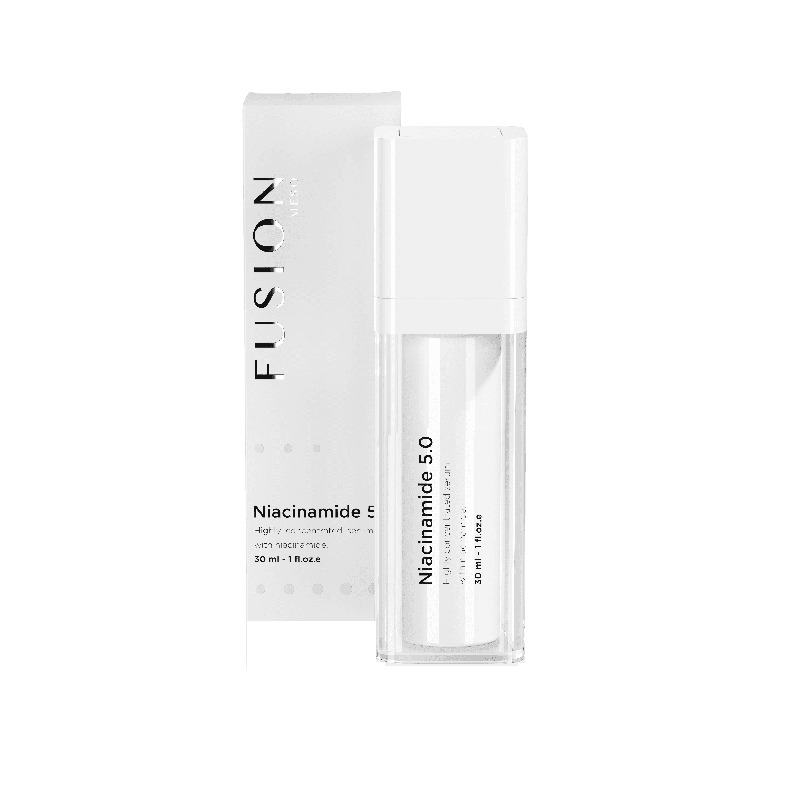 Fusion Meso Niacinamide 5.0 Serum 30 ml in sleek white packaging, designed to reduce acne, redness, and blemishes while hydrating the skin.