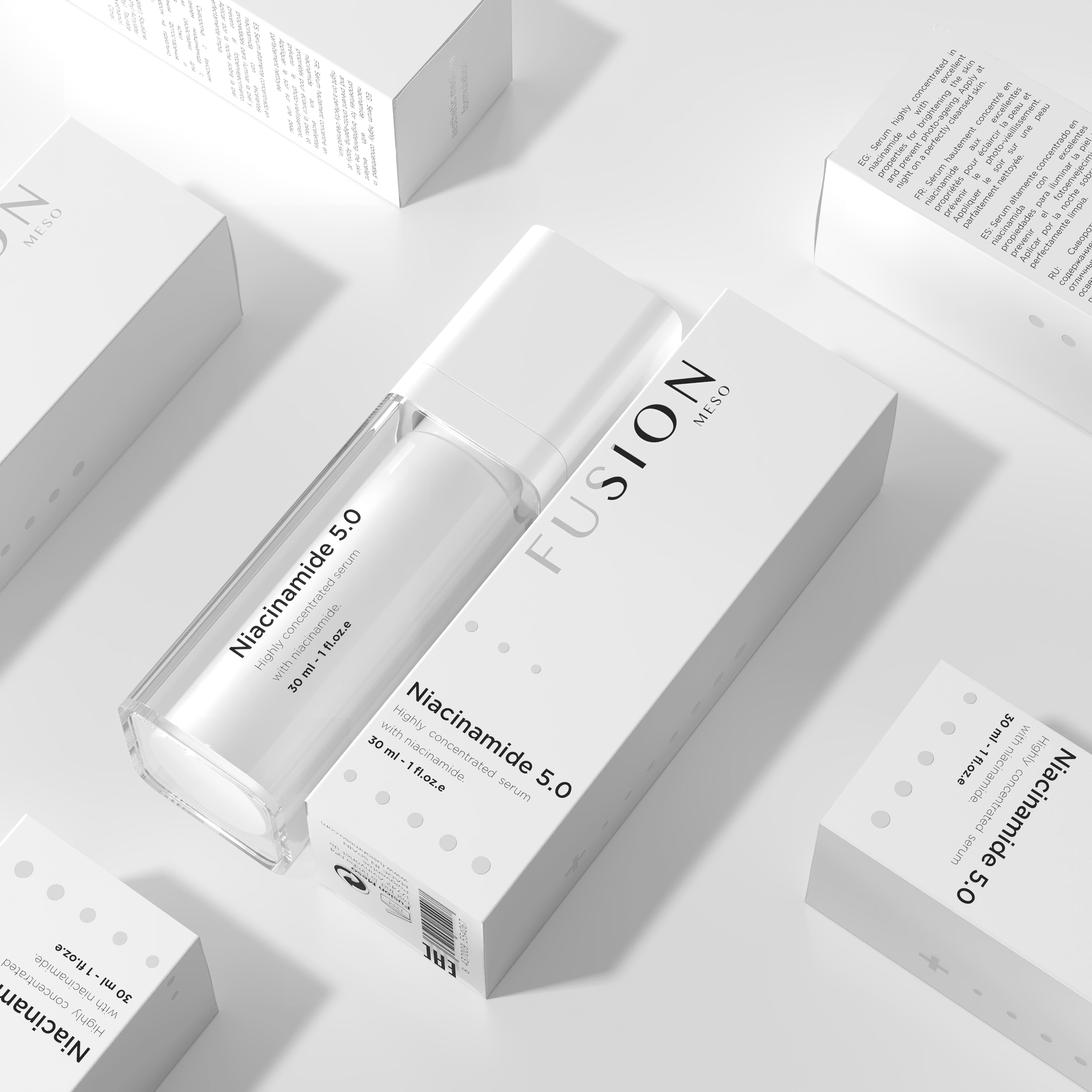 Fusion Meso Niacinamide Serum elegantly displayed among its packaging, ideal for acne-prone and sensitive skin, reducing redness and hyperpigmentation.