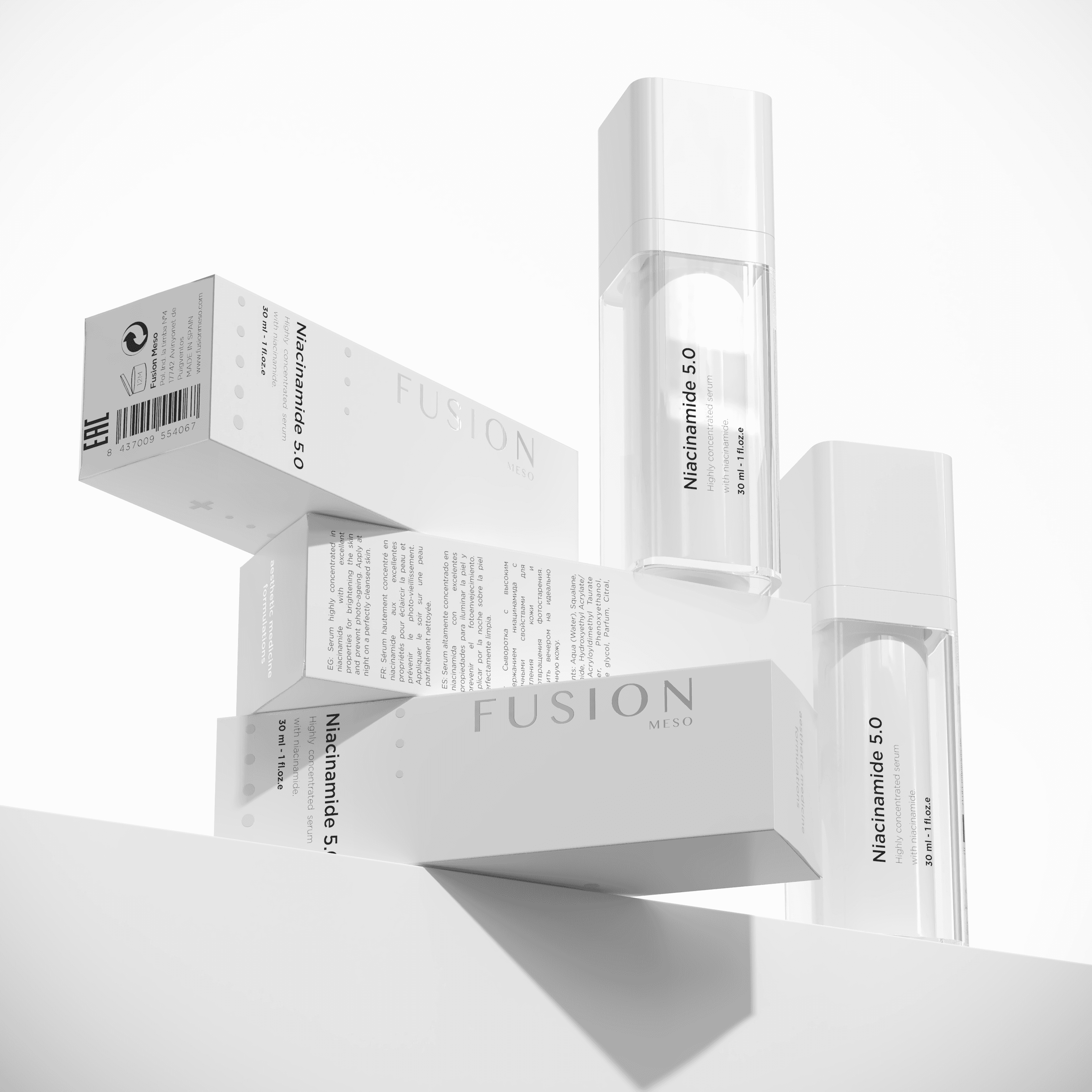 Fusion Meso Niacinamide 5.0 Serum arranged in a modern composition, highlighting its benefits for blemishes, excess oil, and post-procedure skincare.