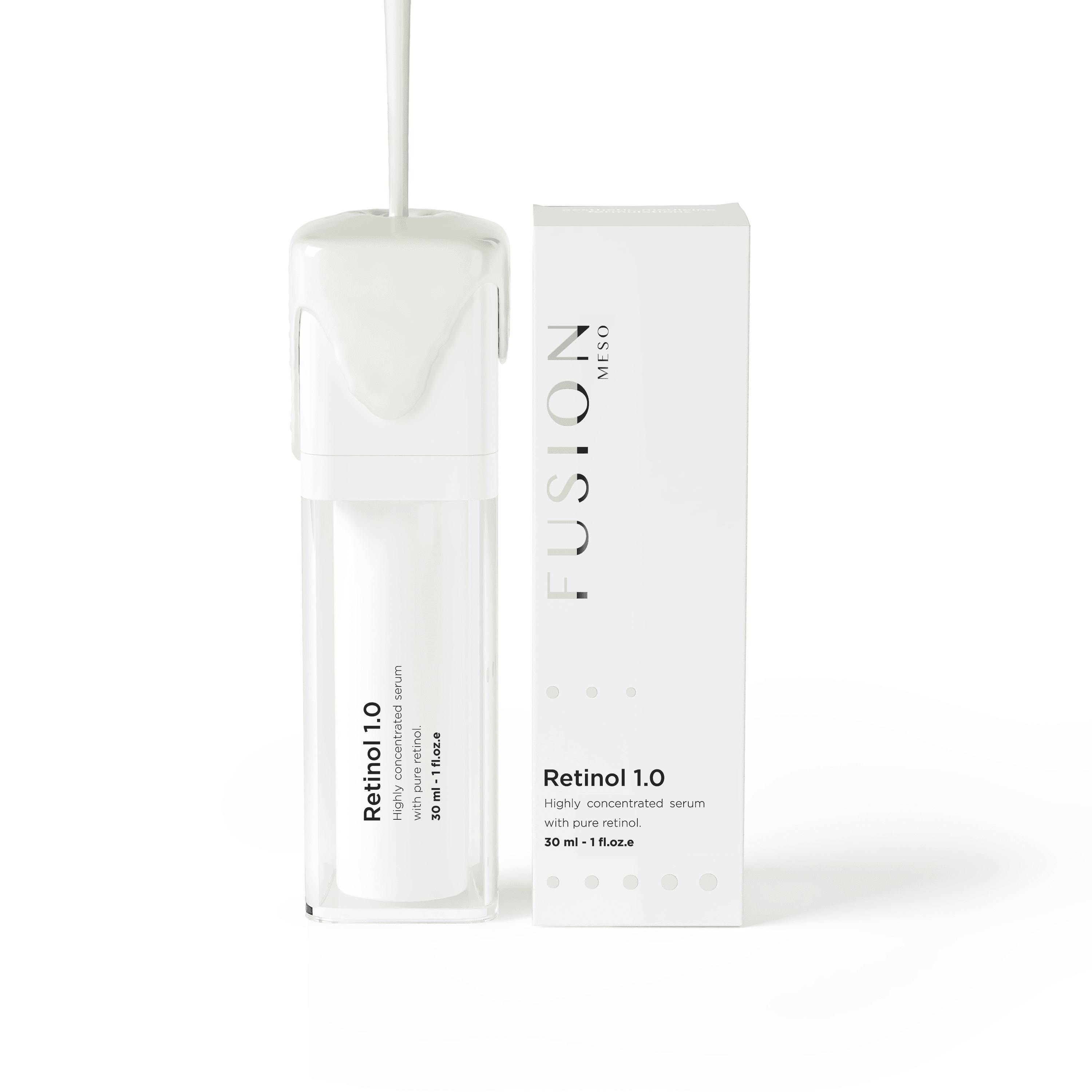 Fusion Meso Retinol 1.0 Serum with creamy texture pouring over the bottle. A powerful anti-aging formula with pure retinol for youthful, radiant skin.