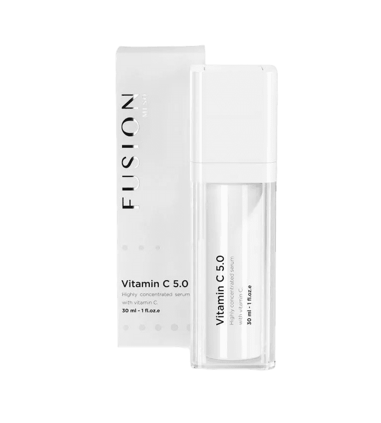 Fusion Meso Vitamin C 5.0 Serum in a sleek white bottle with packaging. A brightening facial serum that hydrates and protects skin from free radicals.