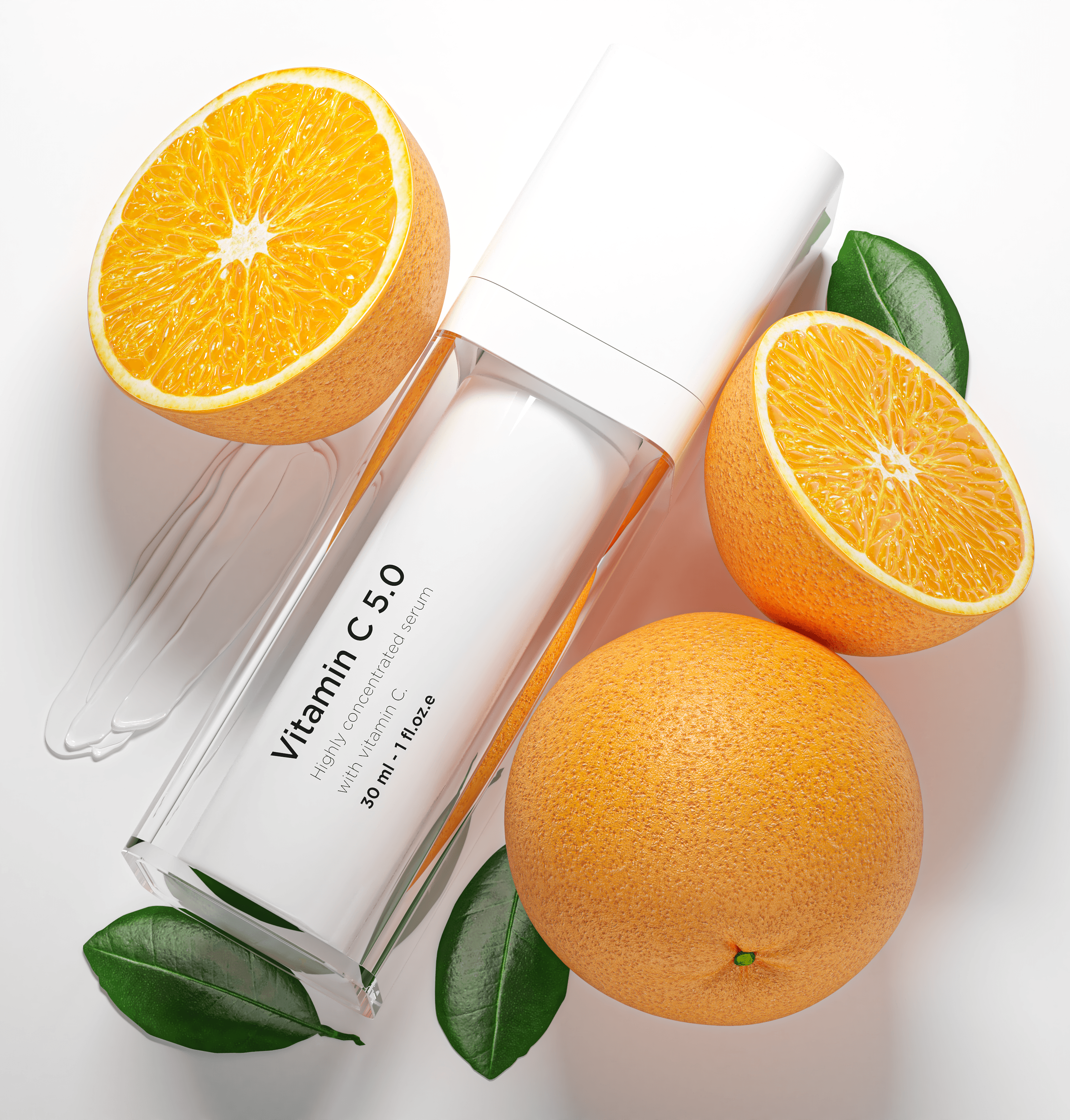 Fusion Meso Vitamin C 5.0 Serum surrounded by fresh oranges and green leaves. A powerful vitamin C serum for brightening and reducing dark spots.