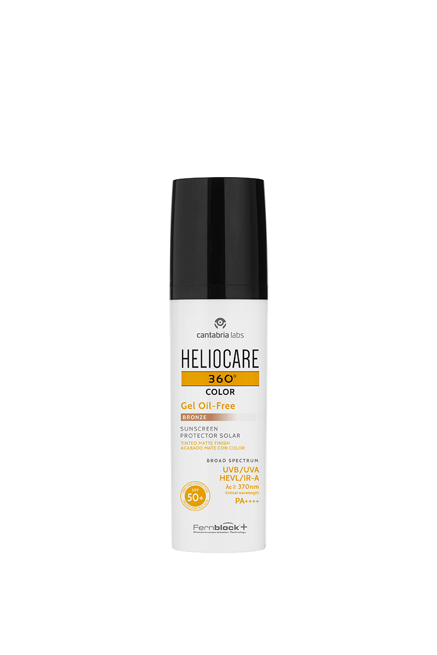 Heliocare 360 Sunblock SPF 50+ Bronze in sleek cylindrical bottle, suitable for post-procedure skincare and excess oil control.