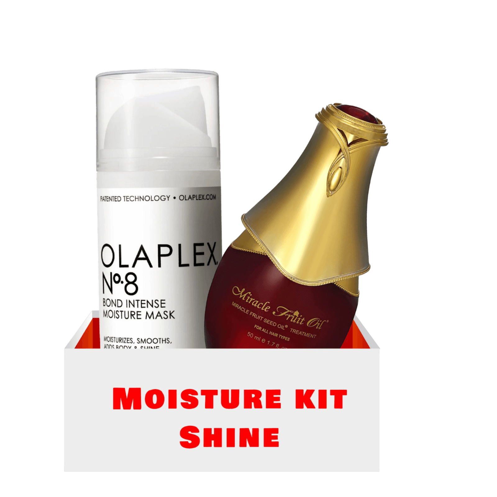 Olaplex X Miracle Fruit Moisture & Shine Hair Kit featuring Olaplex No. 8 Bond Intense Moisture Mask and Miracle Fruit Oil for deep hydration and shine.