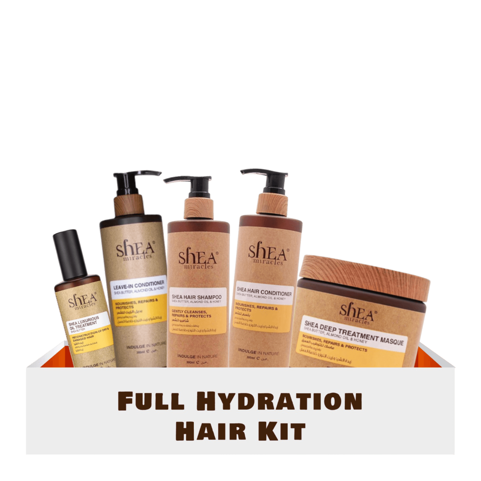 Shea Miracles Full Hydration Hair Kit featuring shampoo, conditioner, leave-in conditioner, and deep treatment masque for intense moisture and repair.