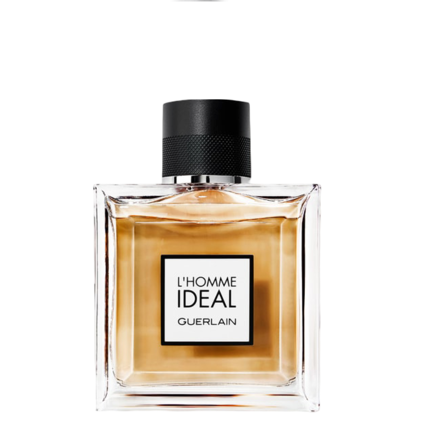 Guerlain L'Homme Ideal 100ml men's fragrance bottle featuring a sleek square design with amber-hued eau de toilette. A citrus, woody leather scent.