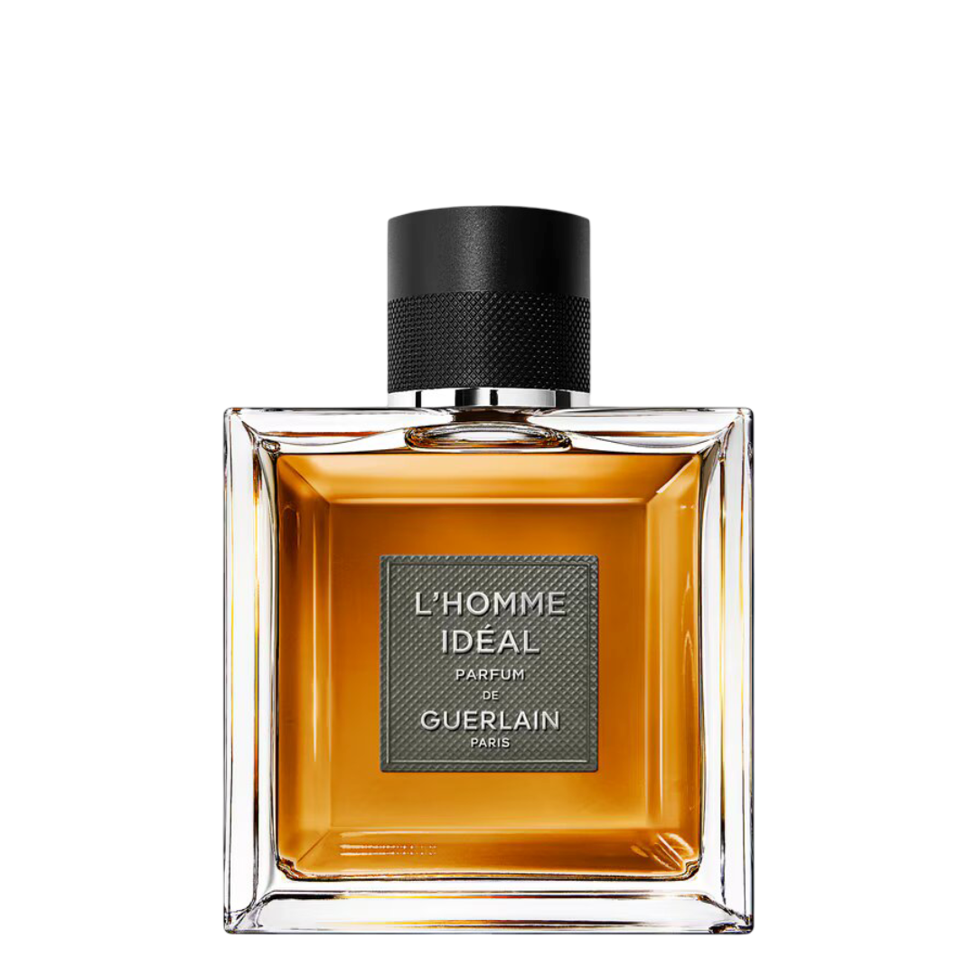 L'Homme Ideal Parfum by Guerlain 100ml bottle featuring amber-toned woody, leathery, gourmand scent for men. Premium fragrance in sleek glass design.