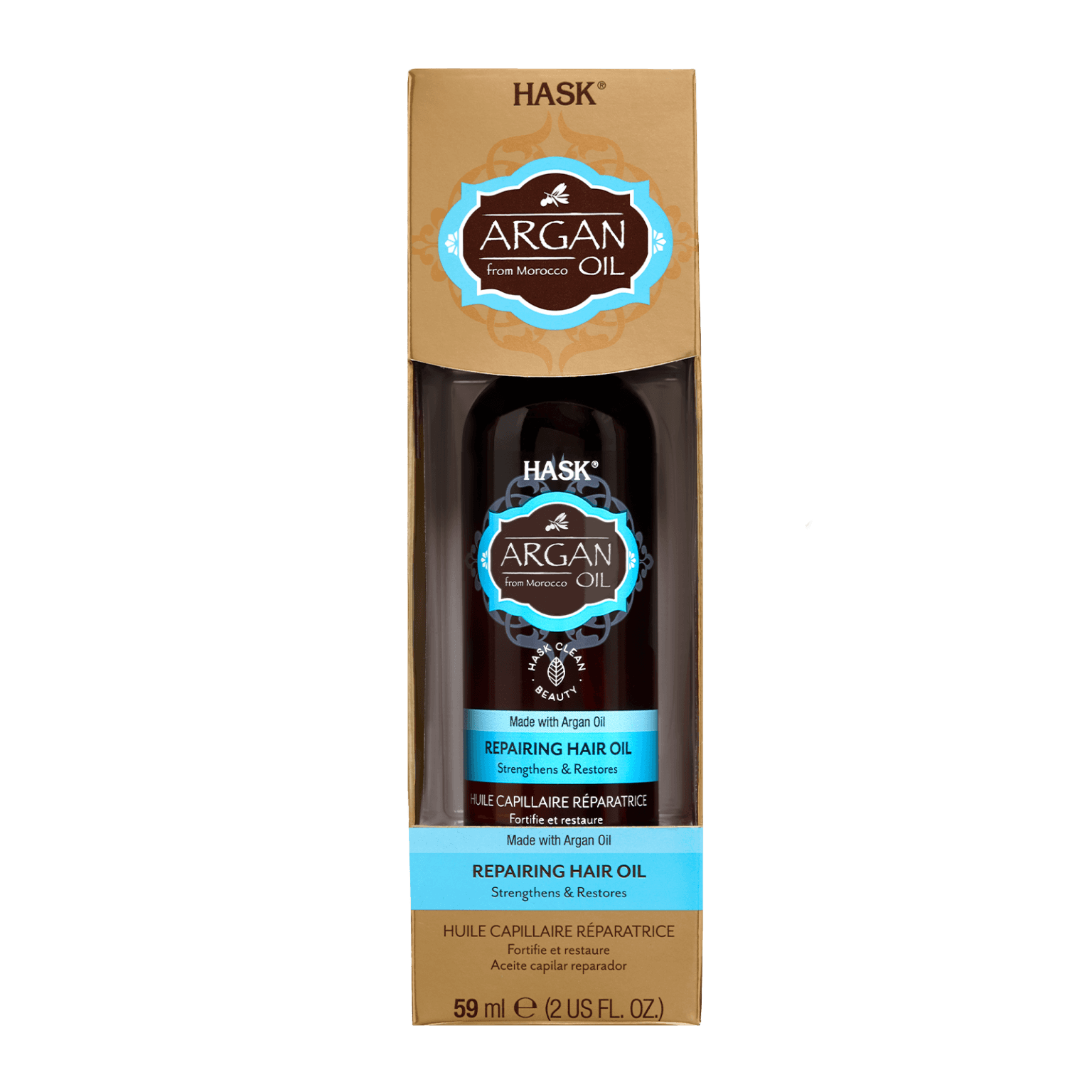 Hask Argan Oil Repairing Shine Oil 59 ML, a lightweight, non-greasy hair serum enriched with Moroccan Argan oil to combat frizz, seal split ends, and enhance shine. Ideal for all hair types, free from parabens and sulfates, ensuring deep nourishment and smoothness.
