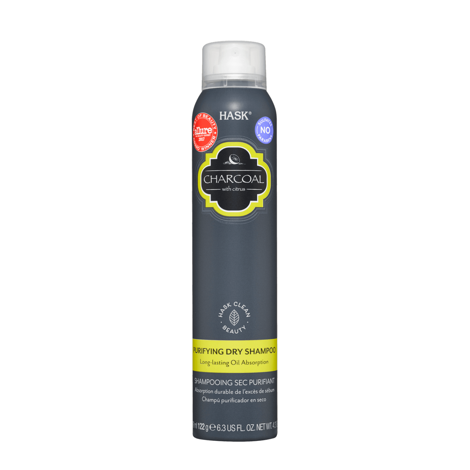 Hask Charcoal Purifying Dry Shampoo 122 g, a residue-free dry shampoo infused with charcoal powder to absorb excess oil, sweat, and odor for refreshed, volumized hair. Ideal for all hair types, especially oily hair, and free from sulfates, parabens, and gluten.