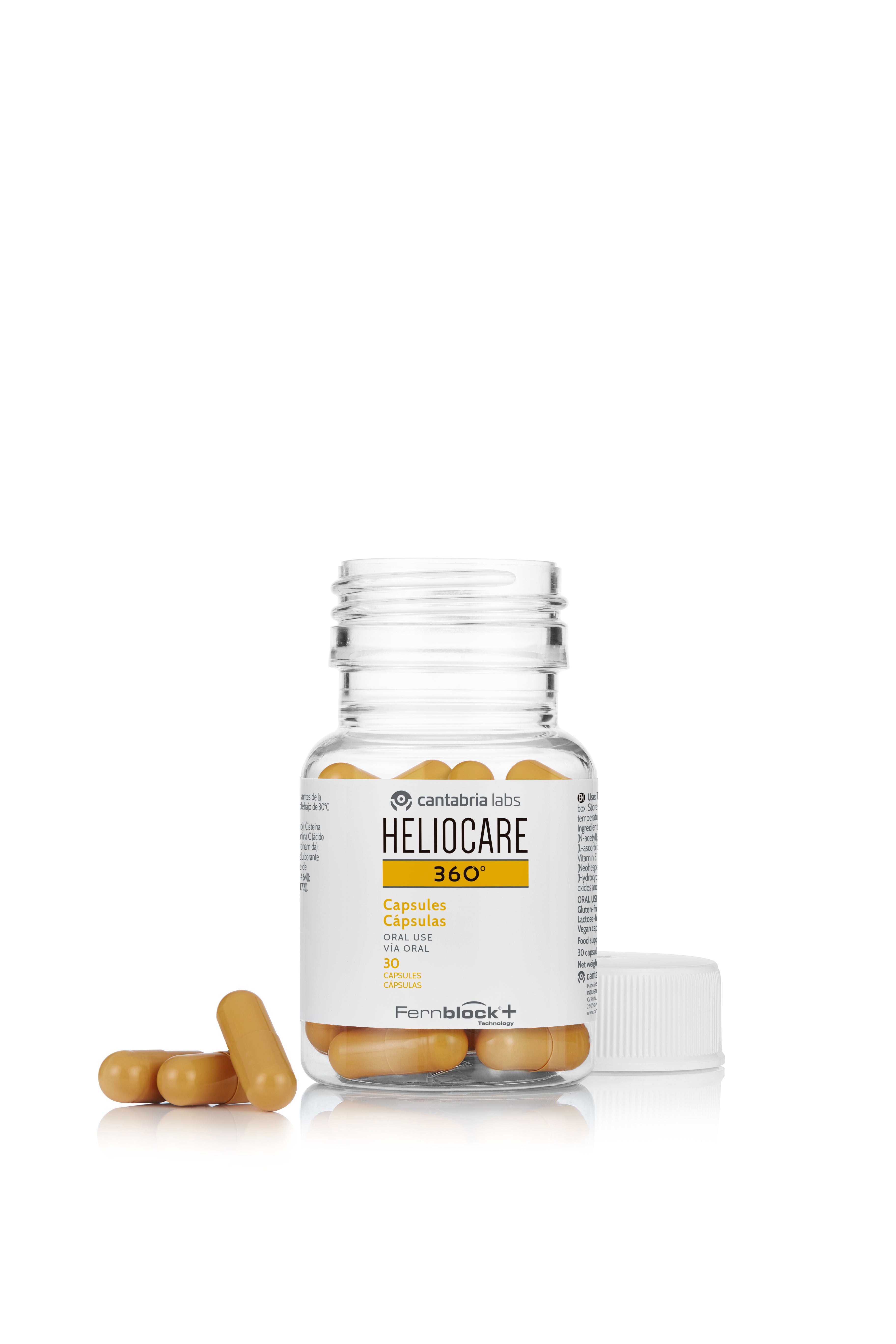 Open Heliocare 360 Oral Sun Protection Capsules bottle showing yellow capsules. Ideal for sensitive skin and post-procedure sun protection.