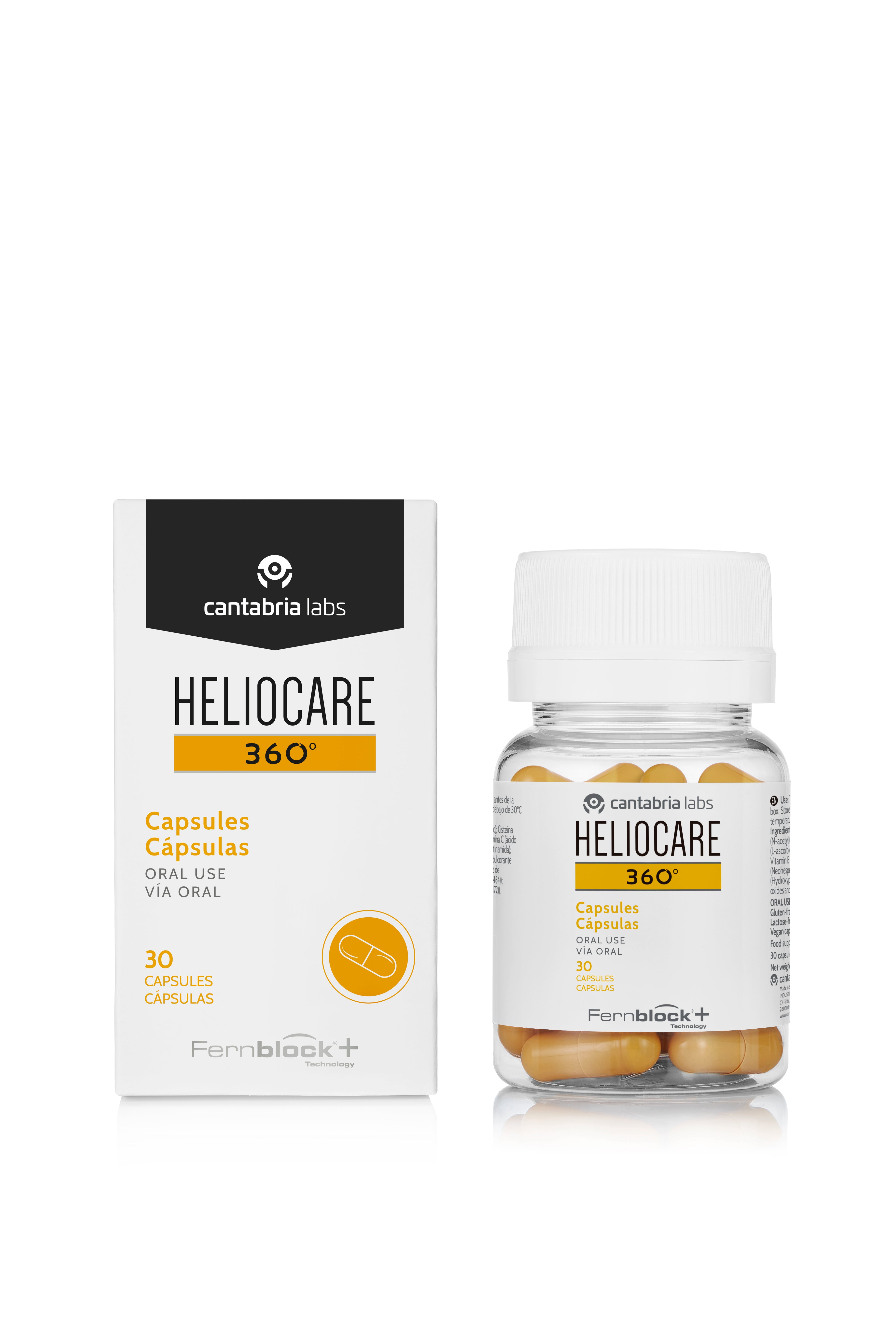 Heliocare 360 Oral Sun Protection Capsules box and bottle set, 30 capsules. Broad-spectrum sun defense supplement for skincare routines.