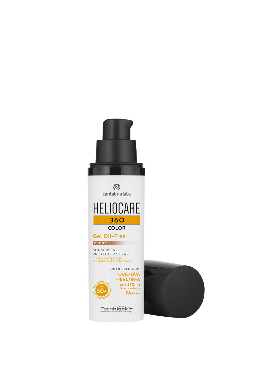 Heliocare 360 Oil-Free Gel Sunblock SPF 50+ Bronze bottle with pump dispenser, designed for blemish-prone and combination skin.