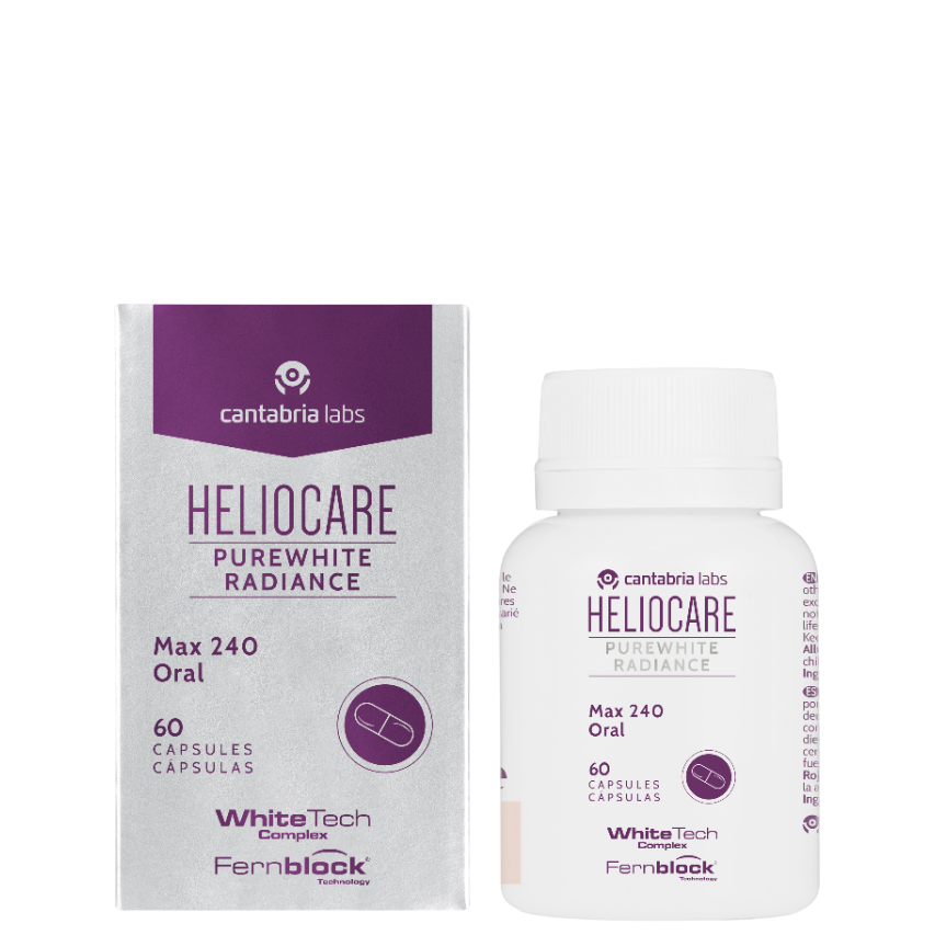 Heliocare Purewhite Radiance Max 240 Oral 60 Capsules with box, ideal for skin whitening and sun protection in all skin types.