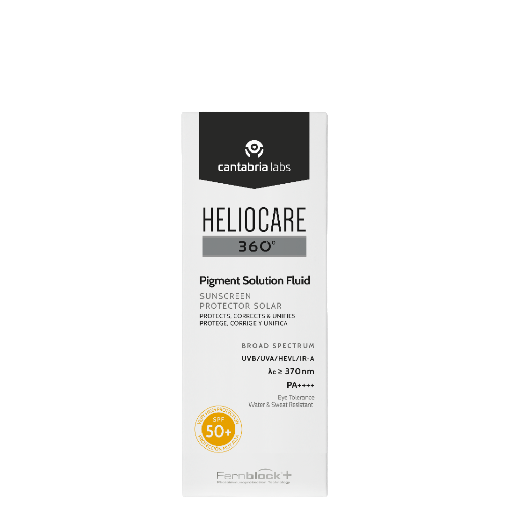 Heliocare 360 Pigment Fluid SPF50+ box packaging with broad spectrum sun protection, ideal for sensitive skin and hyperpigmentation care.