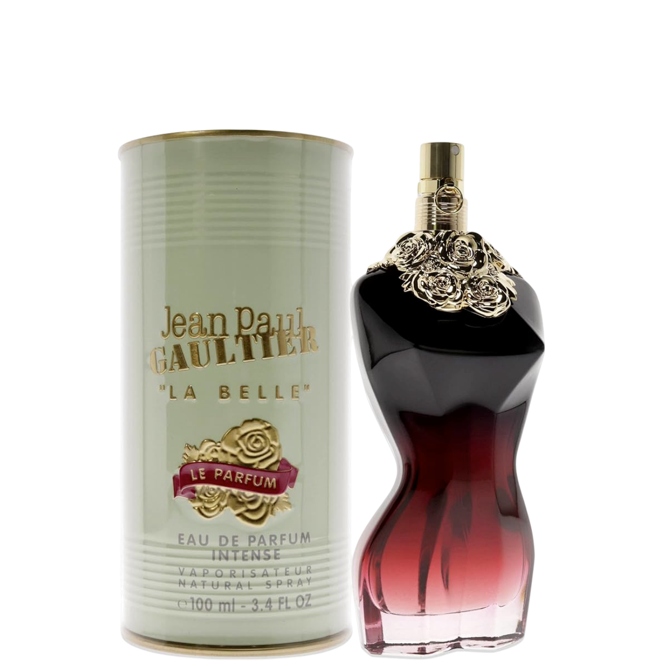 Jean Paul Gaultier La Belle EDP 100 ml perfume bottle with gold floral cap and matching cylindrical box, ideal for women’s fragrance collection.