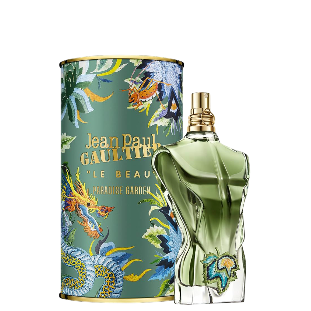 Le Beau Paradise Garden - Jean Paul Gaultier Fragrance for men, 125 ml EDP with tropical-themed box and green torso-shaped bottle.