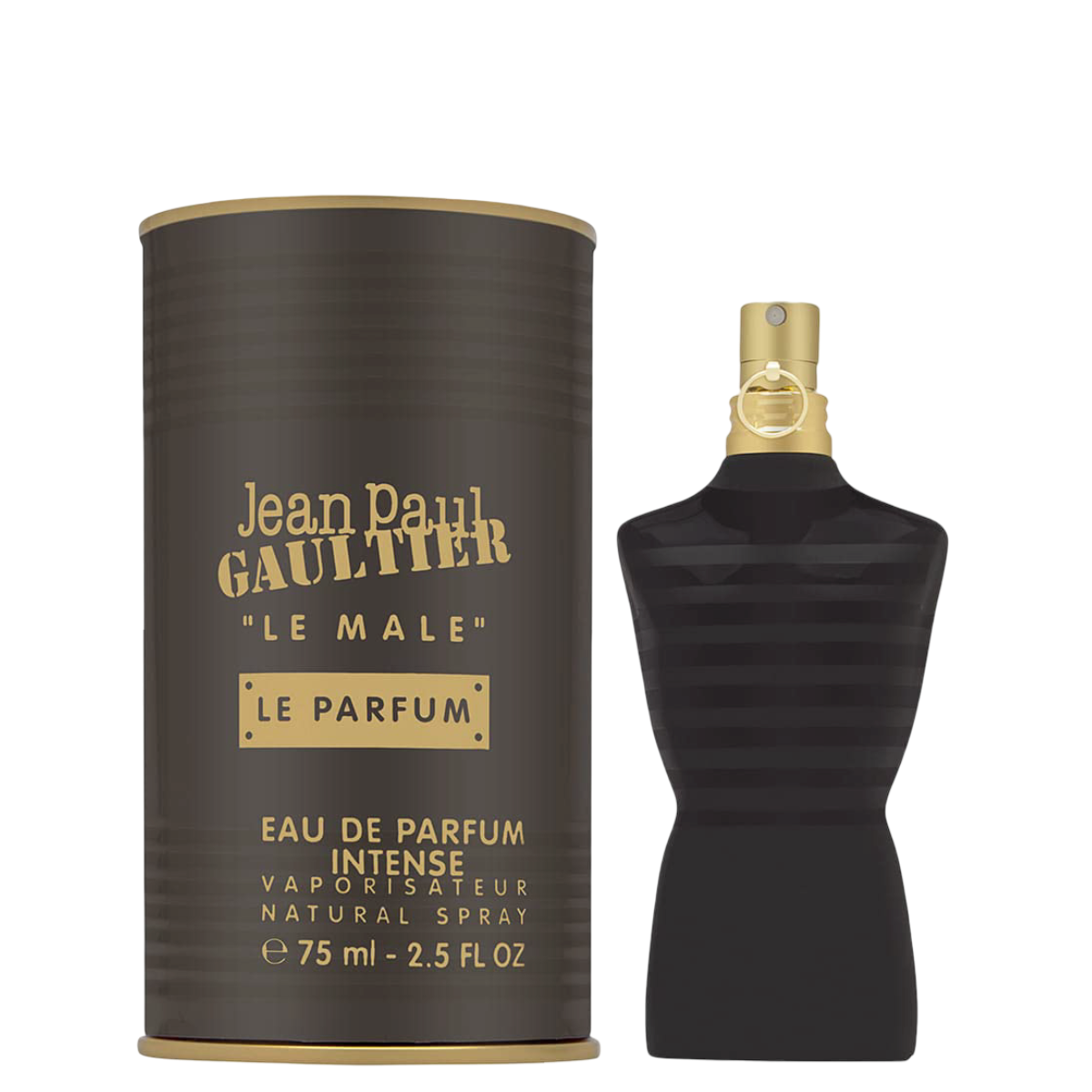Jean Paul Gaultier Le Male Intense Perfume 125ml bottle and packaging in black and gold, ideal for men seeking oriental fragrance notes.