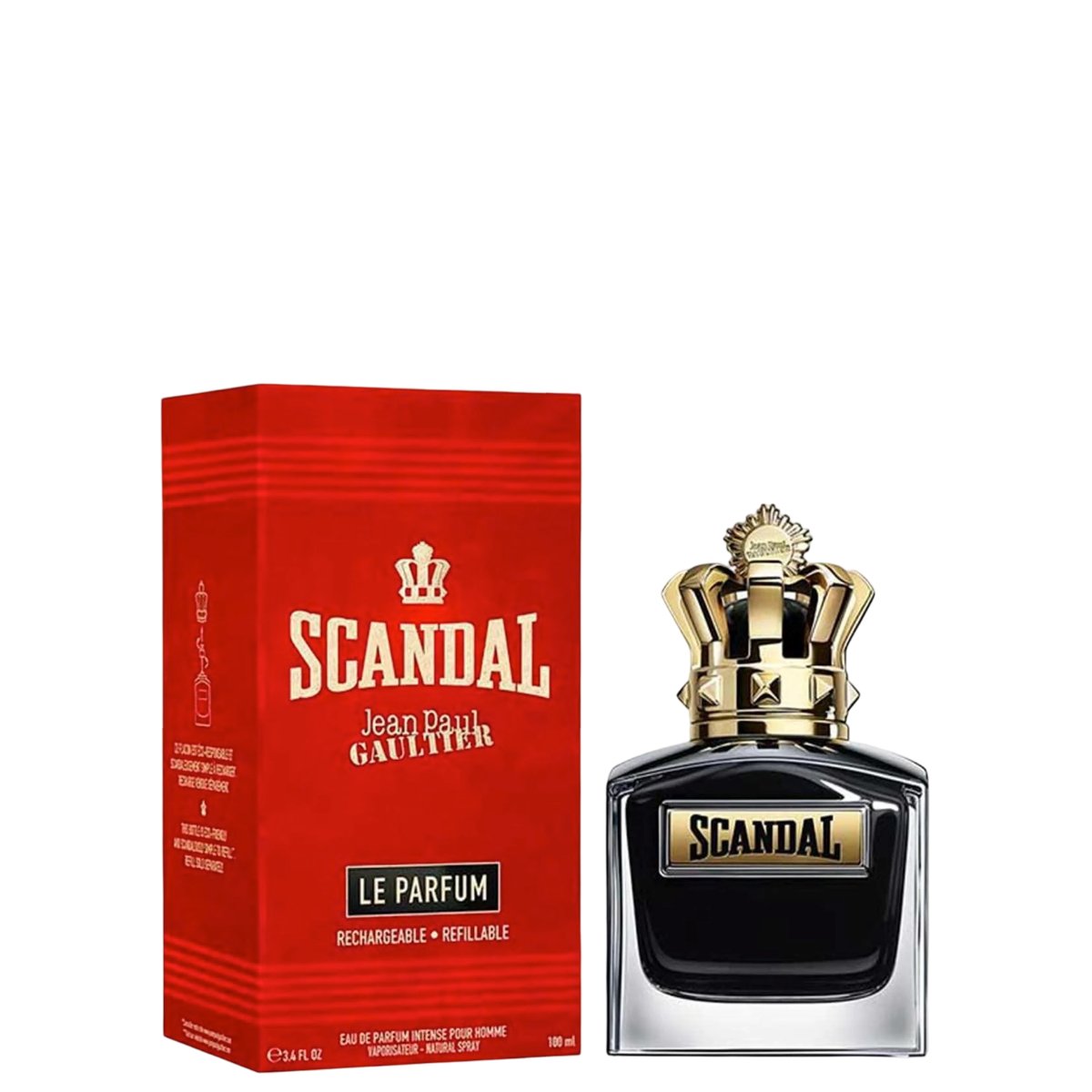 Scandal Le Parfum by Jean Paul Gaultier EDP 100 ml for men with red box packaging, featuring a crown-shaped gold cap. Oriental men's fragrance.