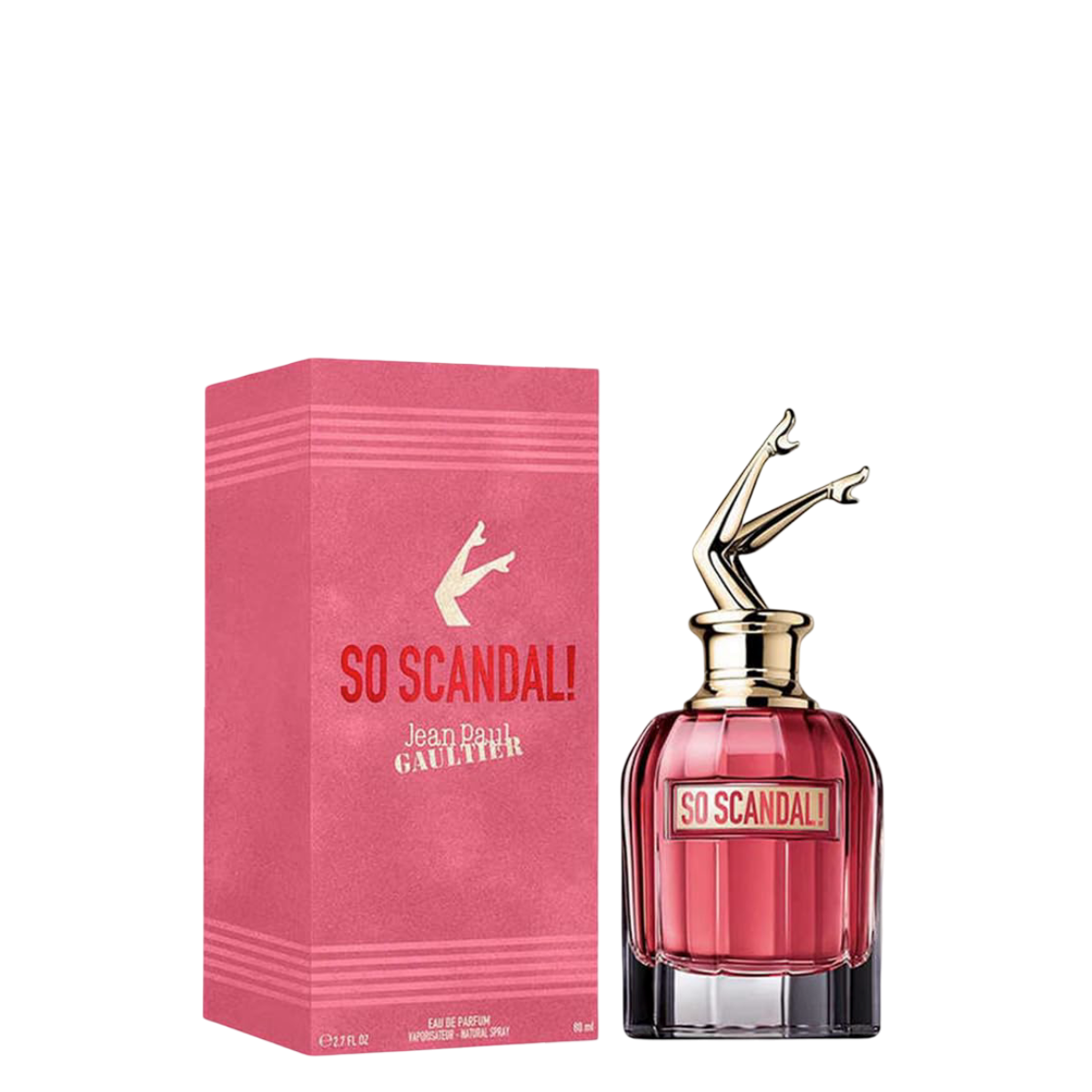So Scandal Perfume - Jean Paul Gaultier 80 ml bottle with pink box packaging, featuring floral scent notes in a luxury design.