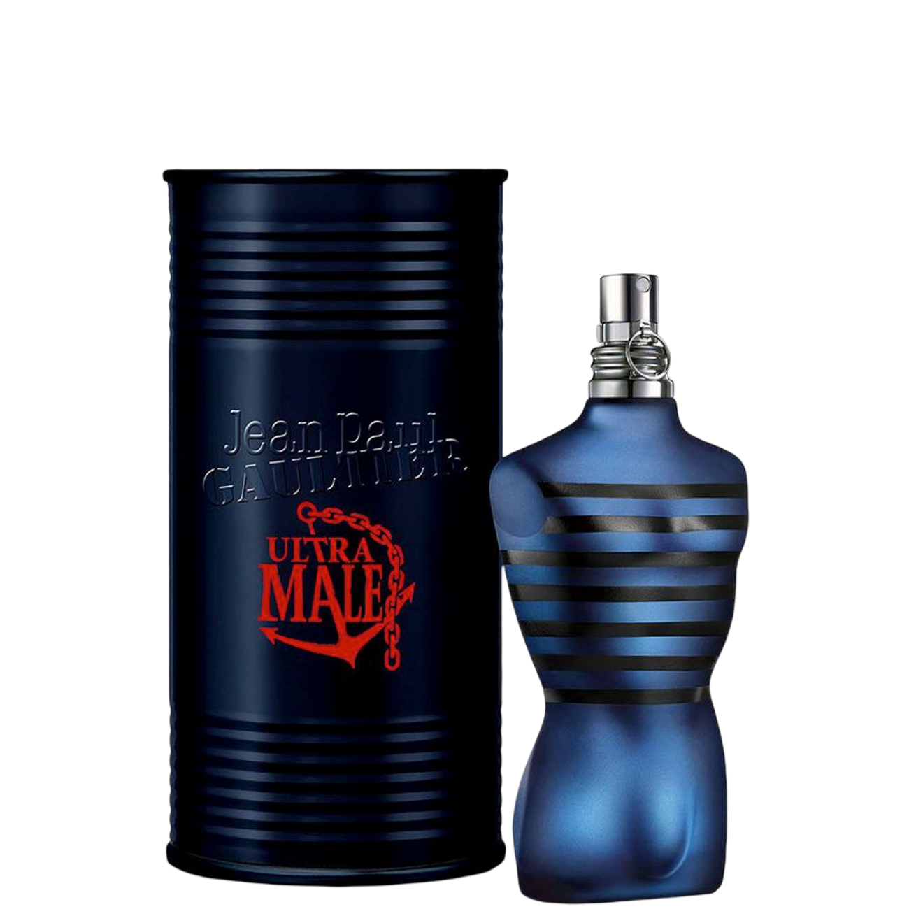 Jean Paul Gaultier EDT - Ultra Male Fragrance 125ml with signature torso bottle and dark blue can packaging, ideal for men's perfume collections.