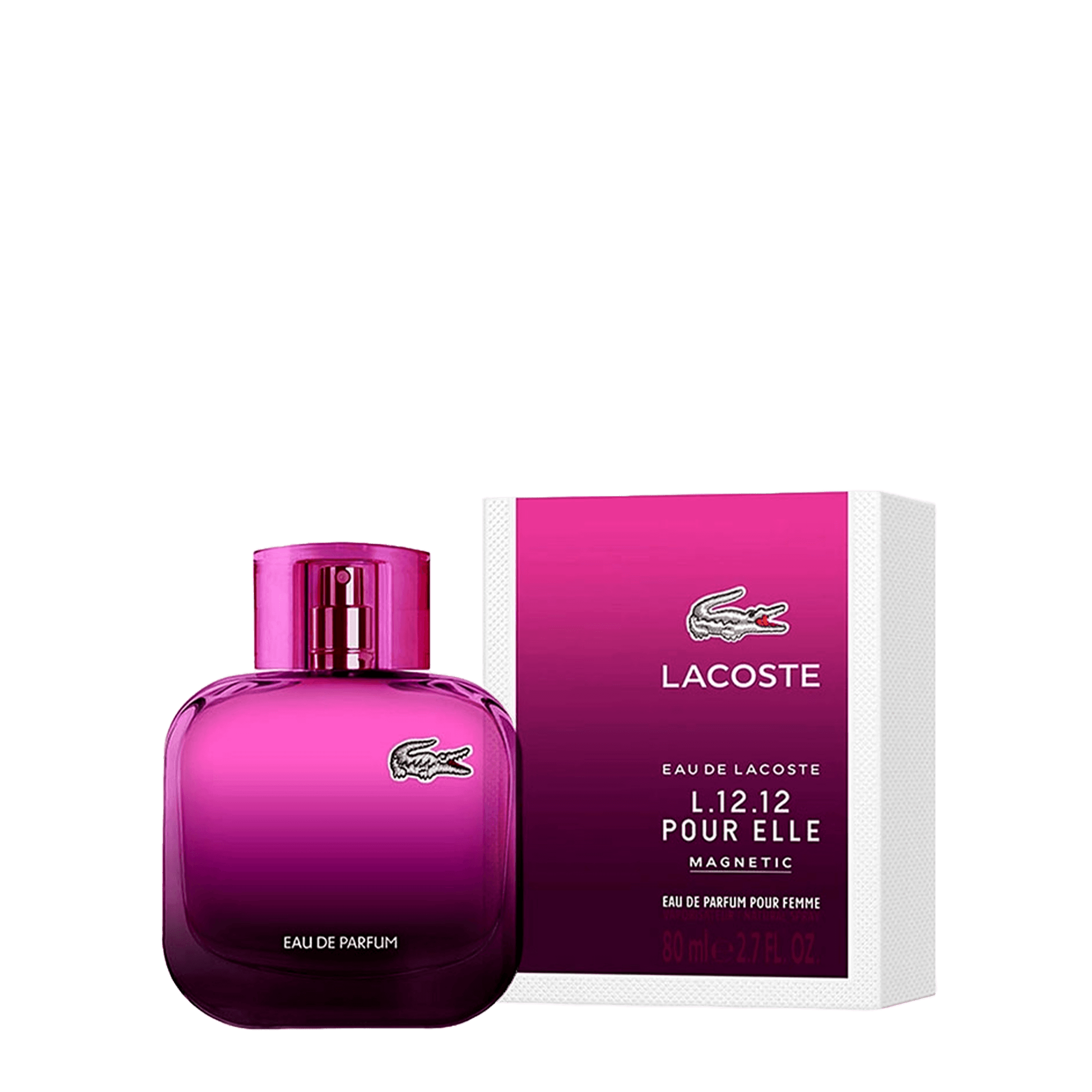 Lacoste L.12.12 Pour Elle Magnetic Eau de Parfum 80 ml, a vibrant women's fragrance with floral and fruity notes, presented in a sleek pink bottle with a matching box.