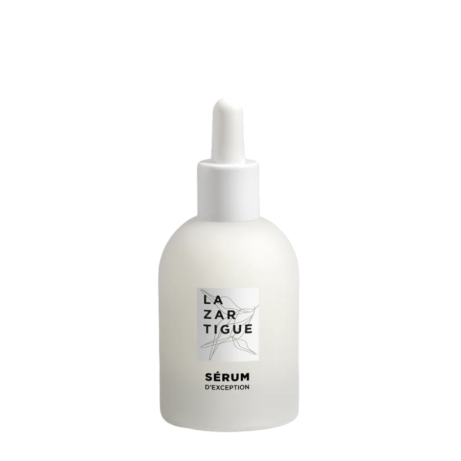 Lazartigue d'Exception Hair Serum 50 ml in a frosted glass bottle with dropper, ideal for vegan heat protection and frizz control.