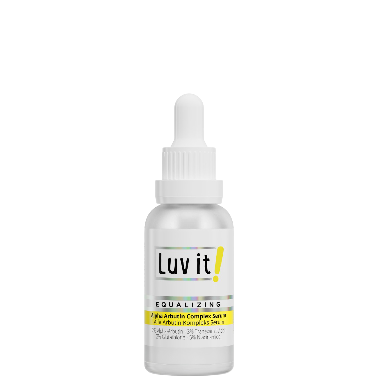 White facial serum bottle with dropper cap, label reads Luv It! Equalizing Alpha Arbutin Complex Serum, 30 ml, for brightening and skin tone