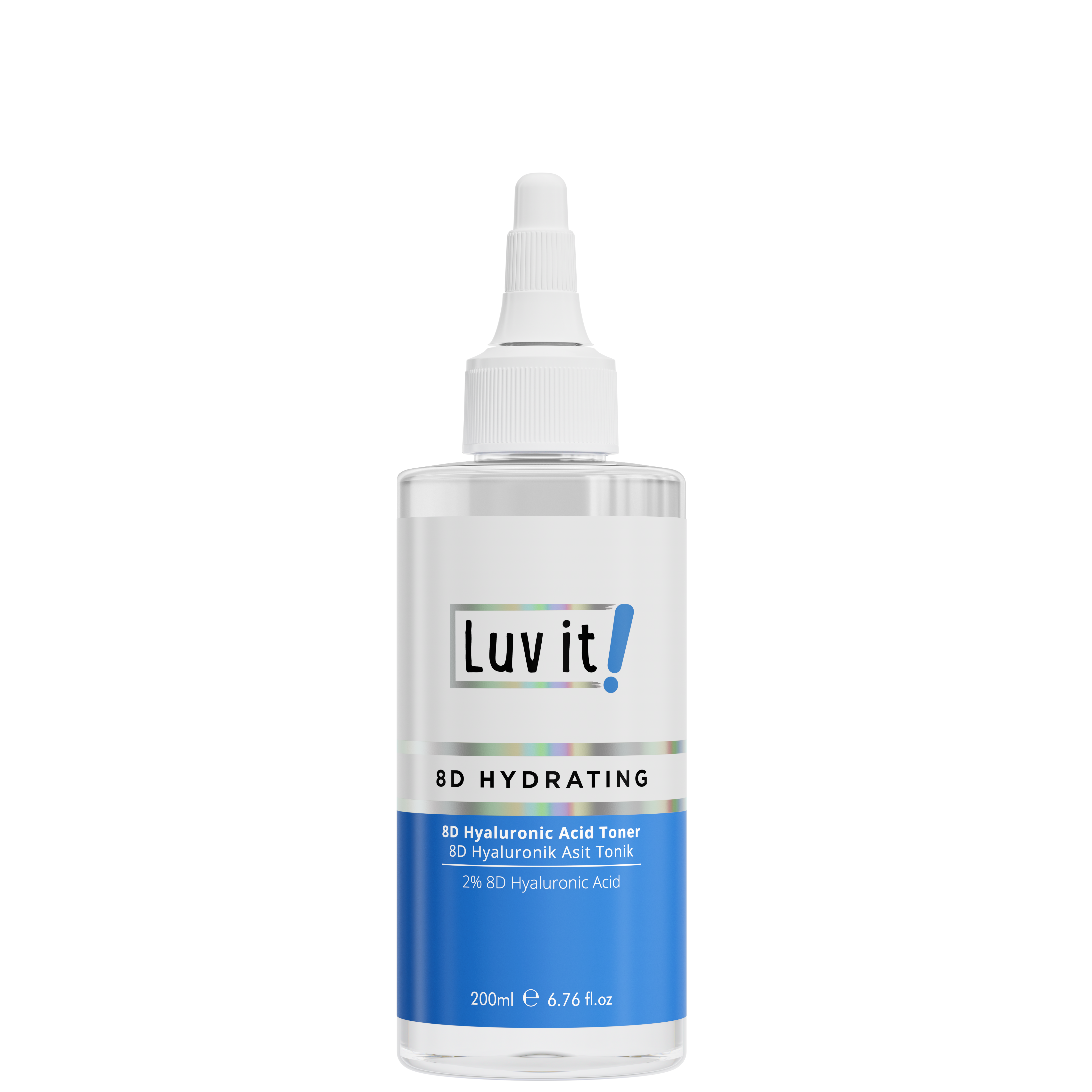 Luv It! Hydrating Toner - 8D Hyaluronic Acid in a 200ml clear bottle with dropper cap, ideal for deep hydration and sensitive skin care.