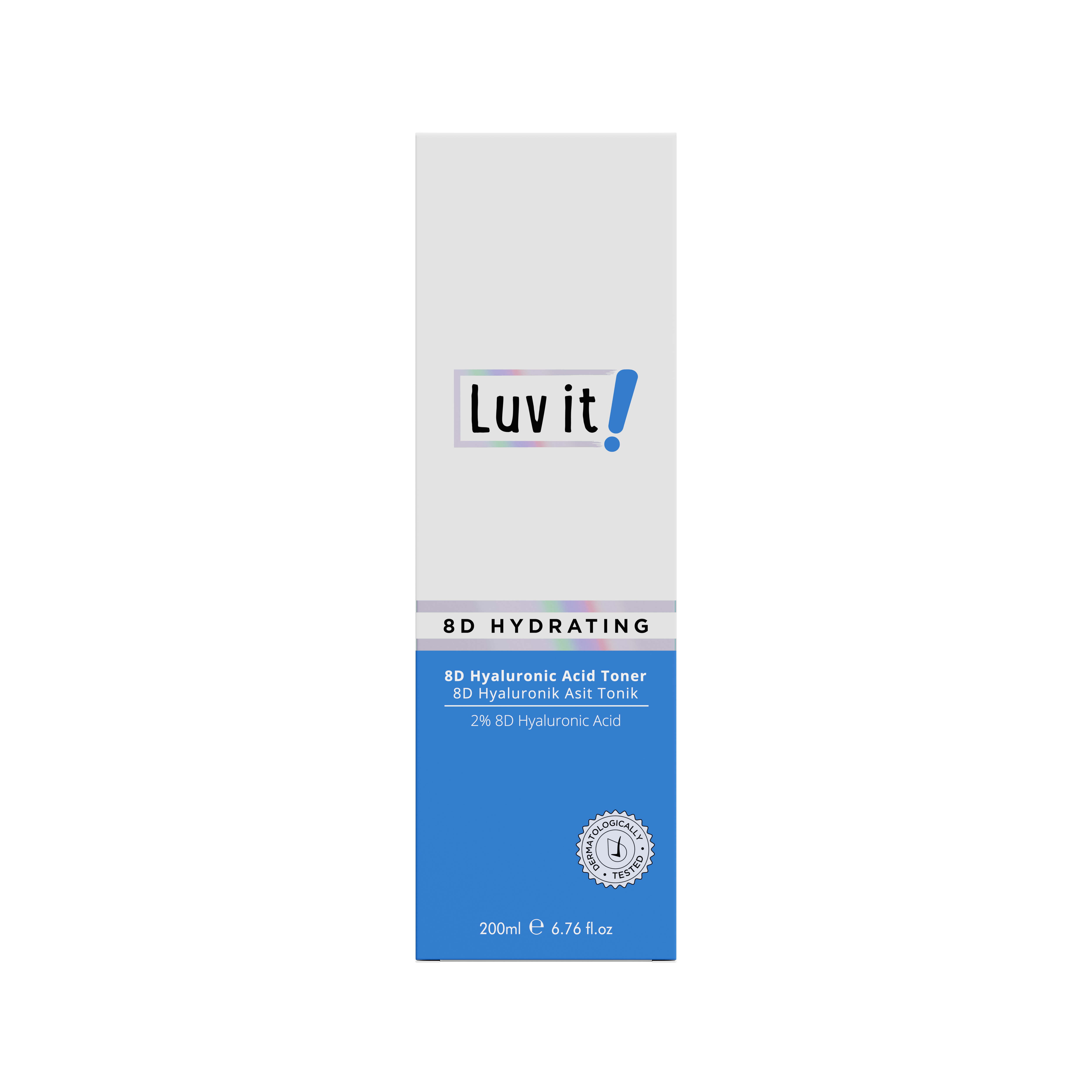Front view of Luv It! 8D Hyaluronic Acid Hydrating Toner box, showcasing vegan, alcohol-free skincare for all skin types in 200ml size.