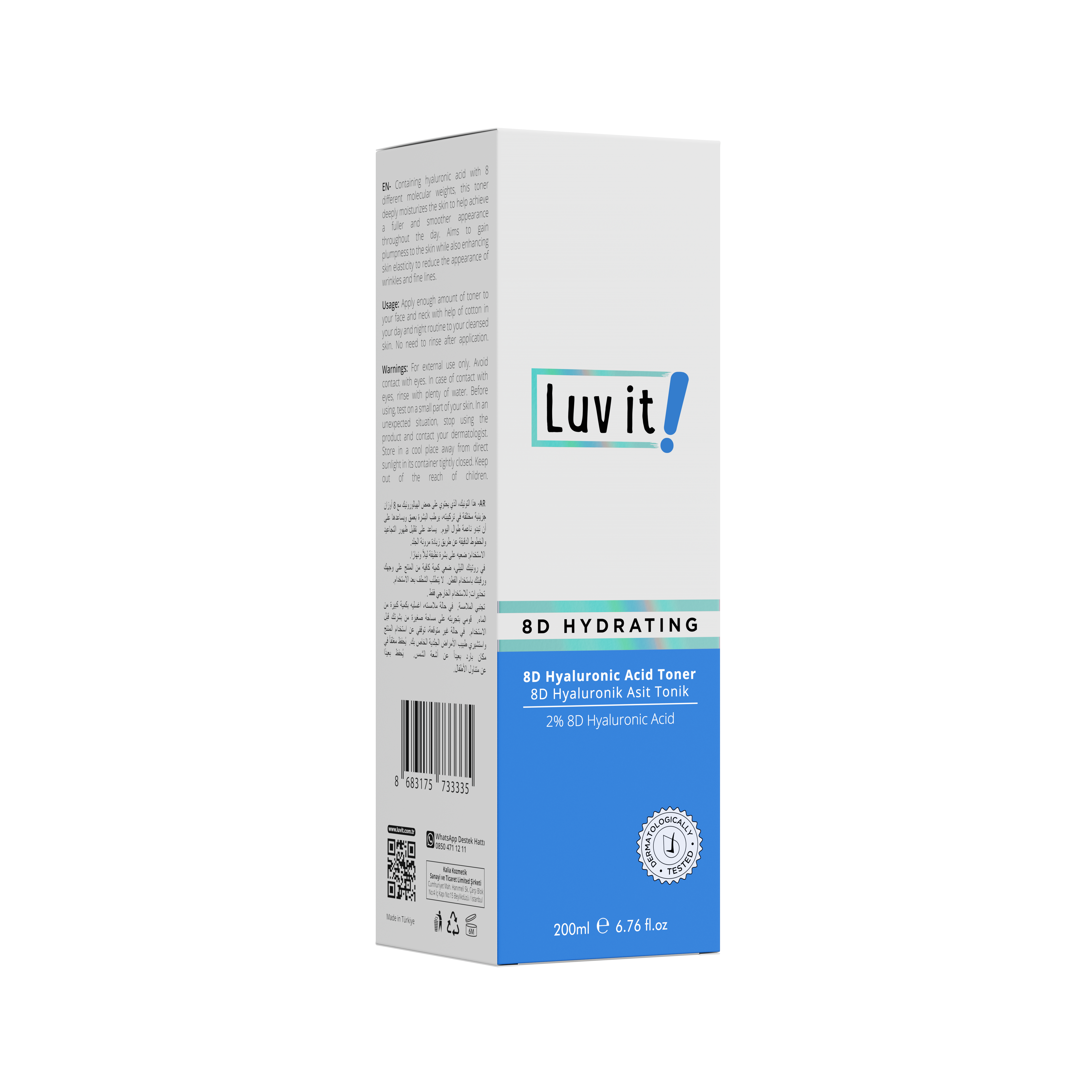 Side view of Luv It! Hydrating Toner packaging with product details and ingredients, emphasizing 2% 8D Hyaluronic Acid and skin barrier support.